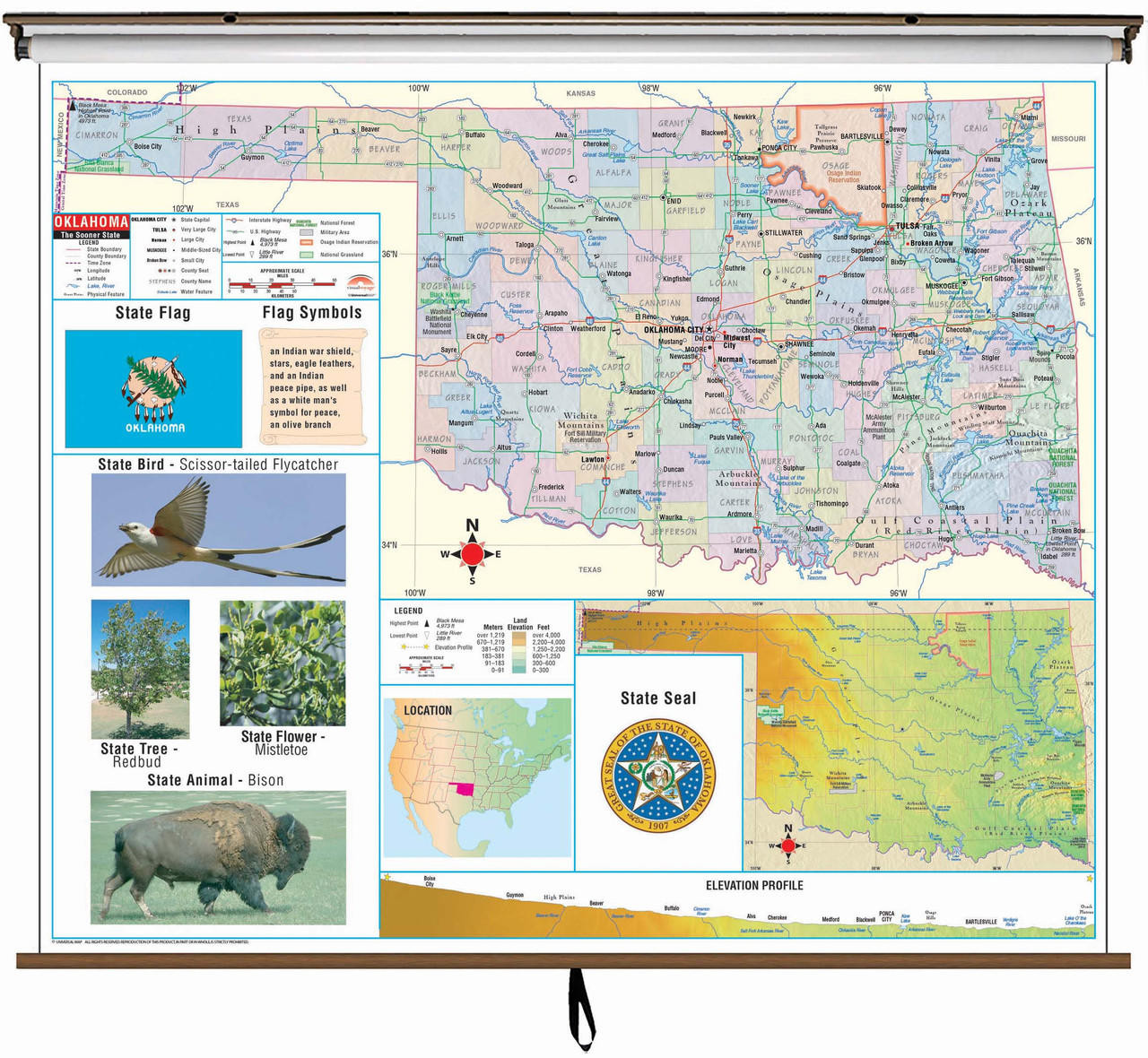 Oklahoma State Primary Thematic Classroom Map on Spring Roller from Kappa Maps, image 1, World Maps Online