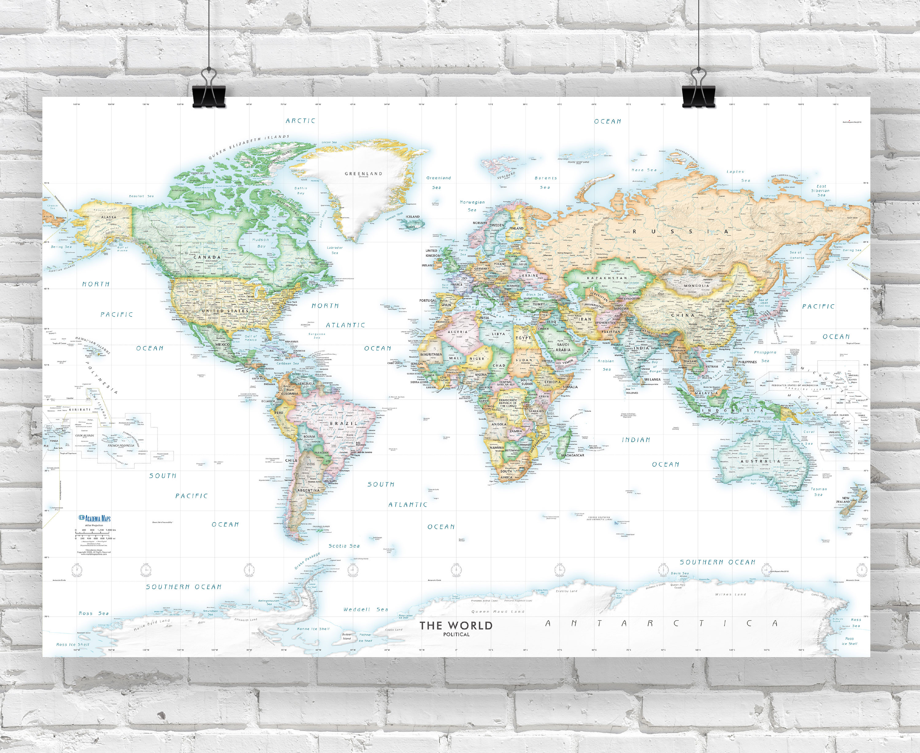 Light Oceans Detailed World Political Wall Map