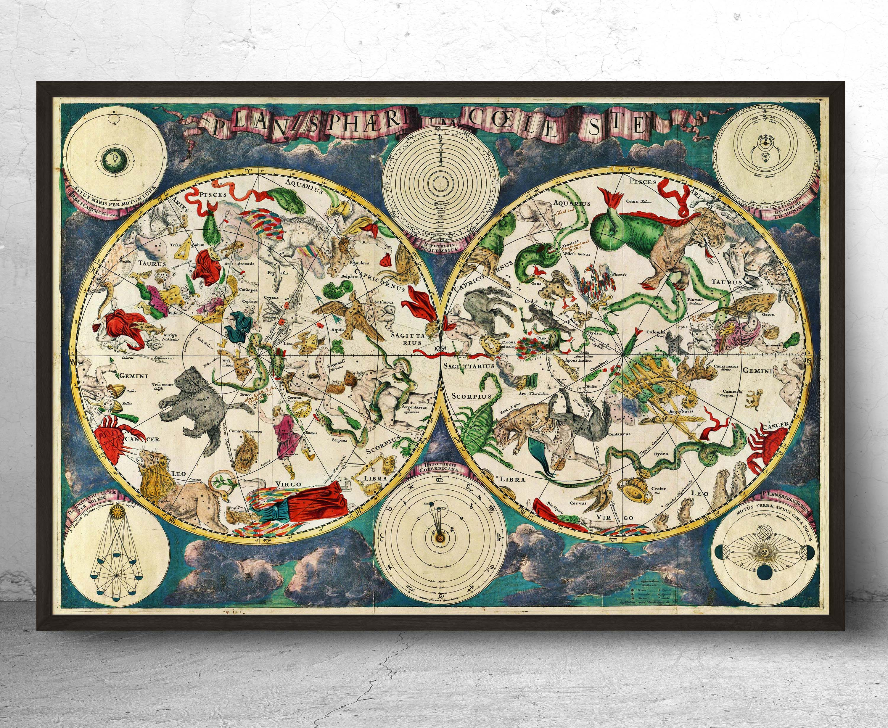 Vintage Celestial Map 1670 "Planisphaerium Coeleste" - Old Star Chart  - Black Frame