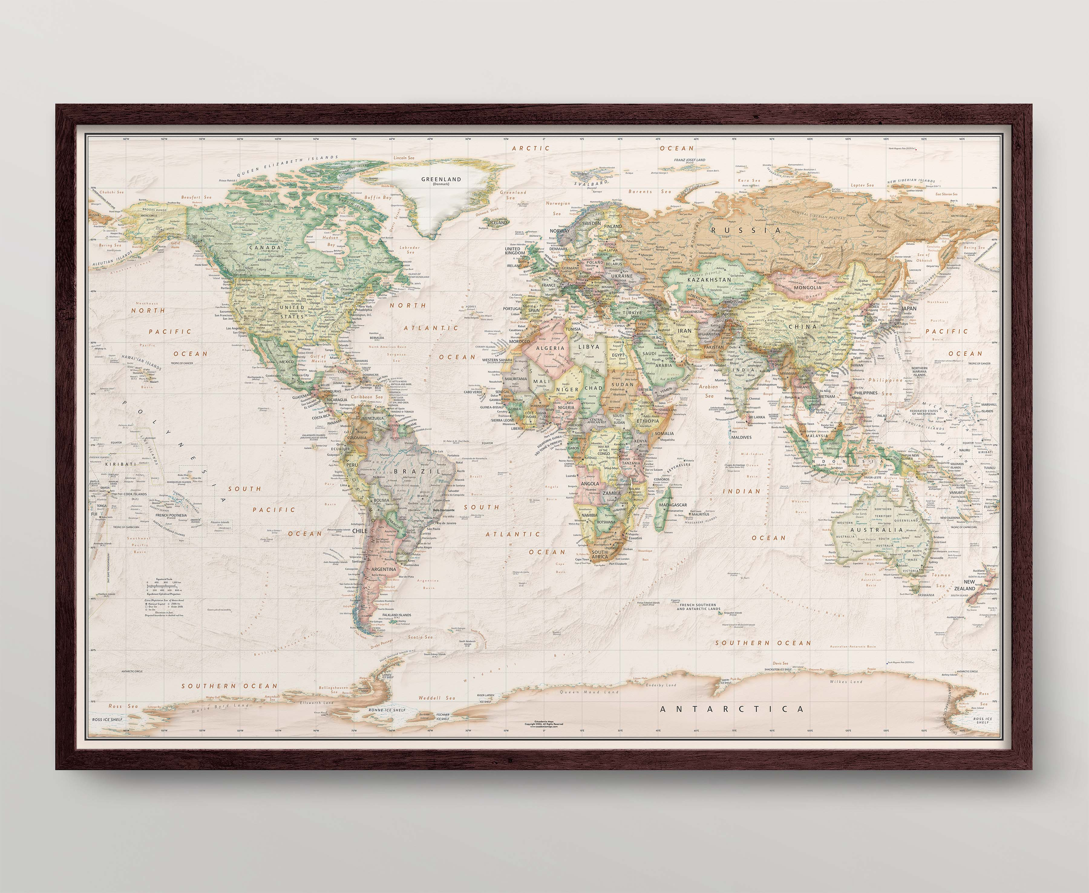 Beige Oceans Antique Style World Political Wall Map, Framed