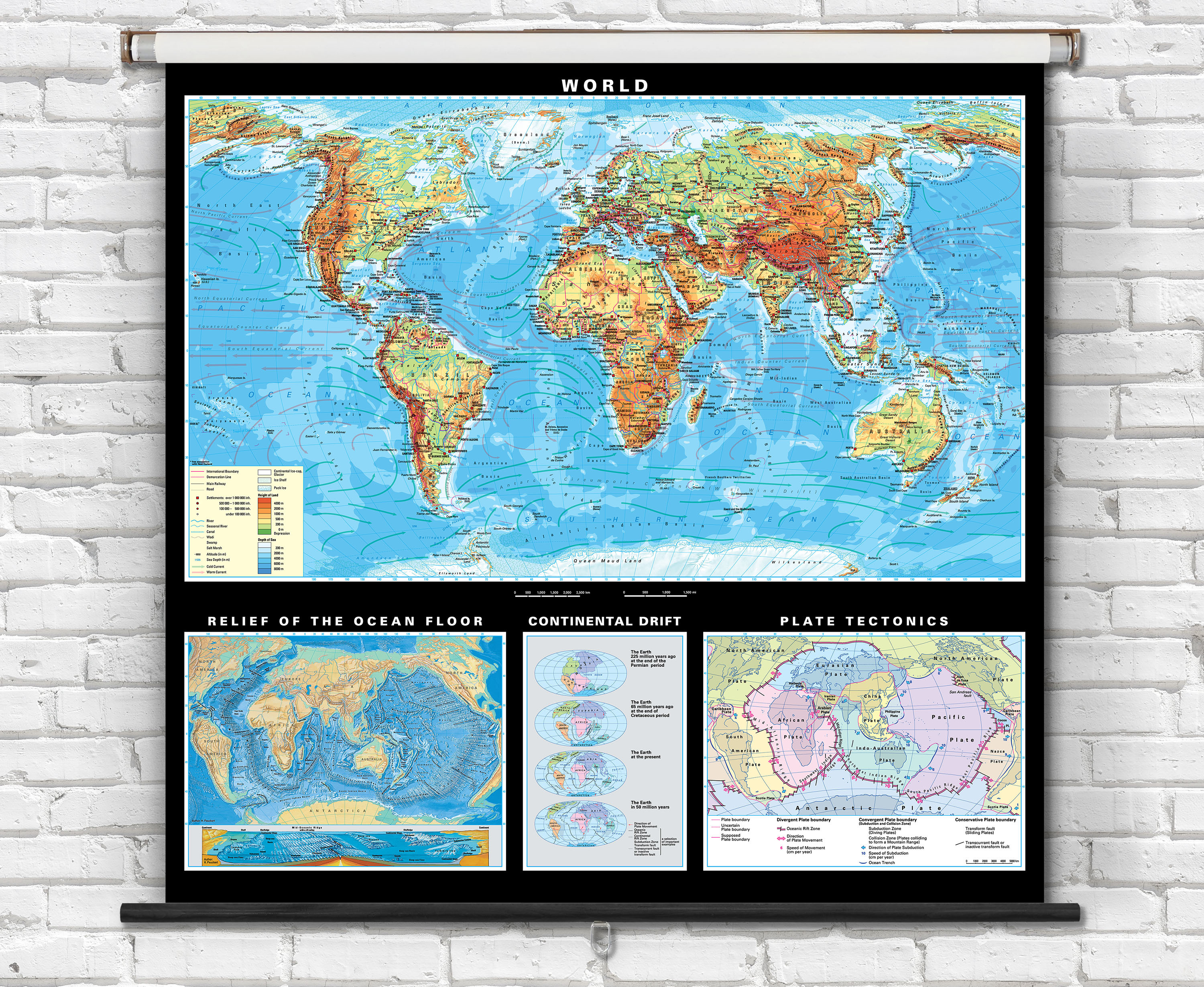 Advanced World Physical Earth Sciences Map on Spring Roller with Continental Drift & Plate Tectonics Panels