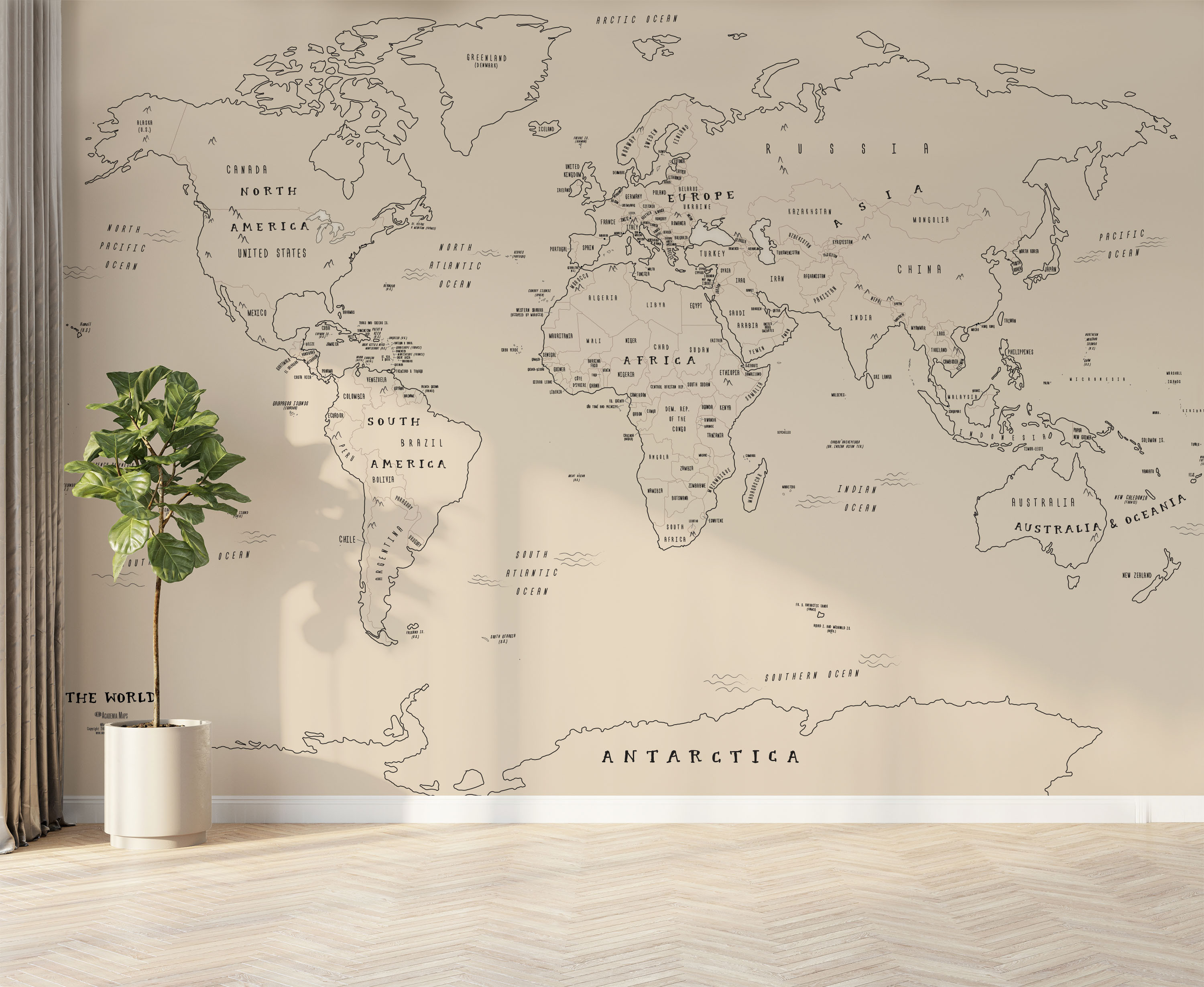 Neutral Minimalist Illustrated World Map Mural on Wall