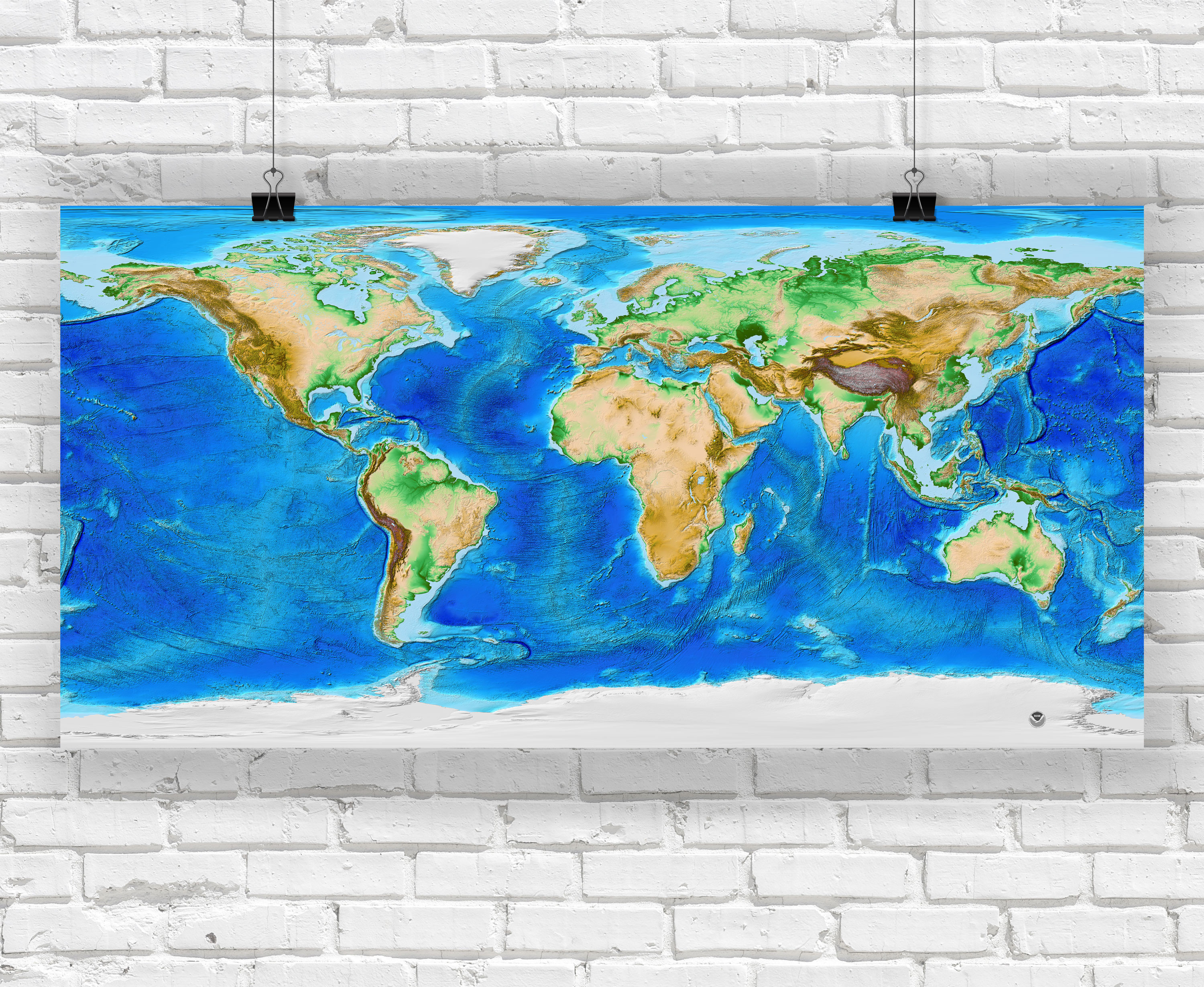 Earth's Topography and Bathymetry Wall Map - No Labels