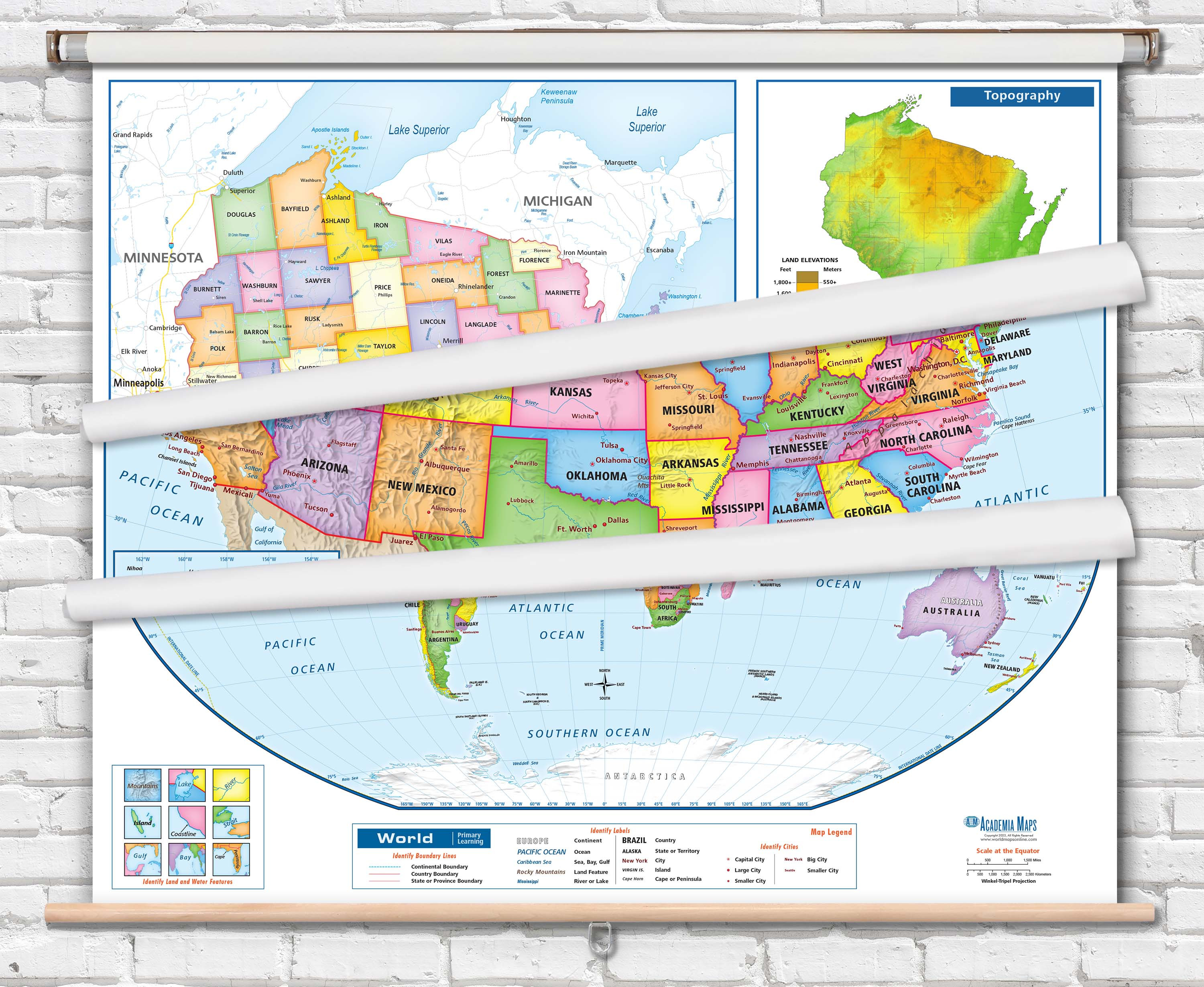 Wisconsin - USA - World 3-Map Spring Roller Combo for Classrooms