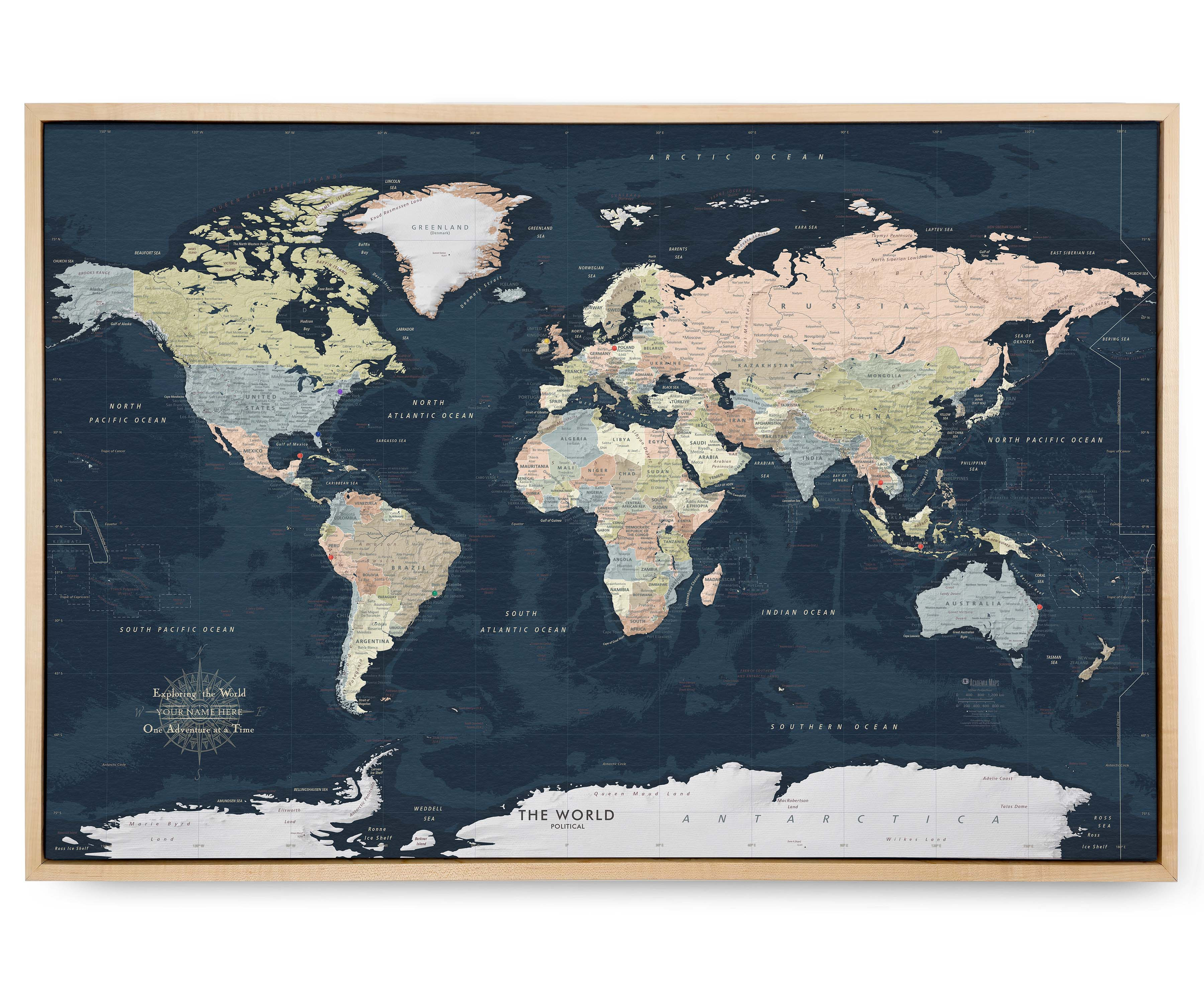 Push Pin World Map - Dark Navy Oceans - Maple Wood Frame