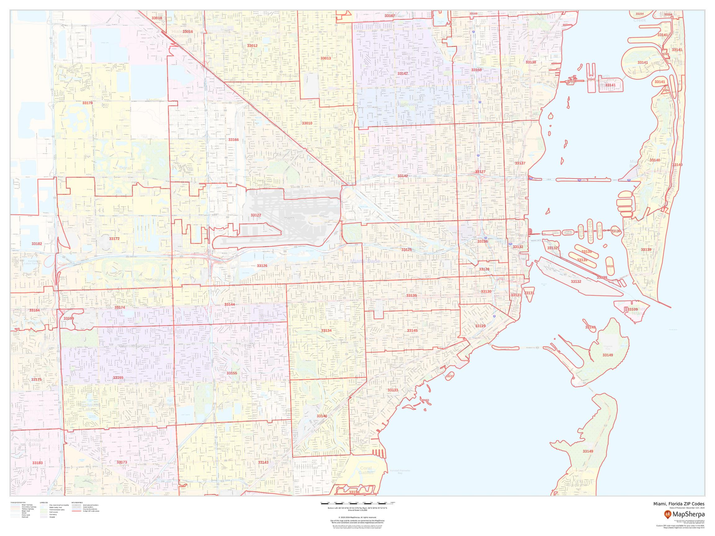 Miami, Florida ZIP Codes Wall Map