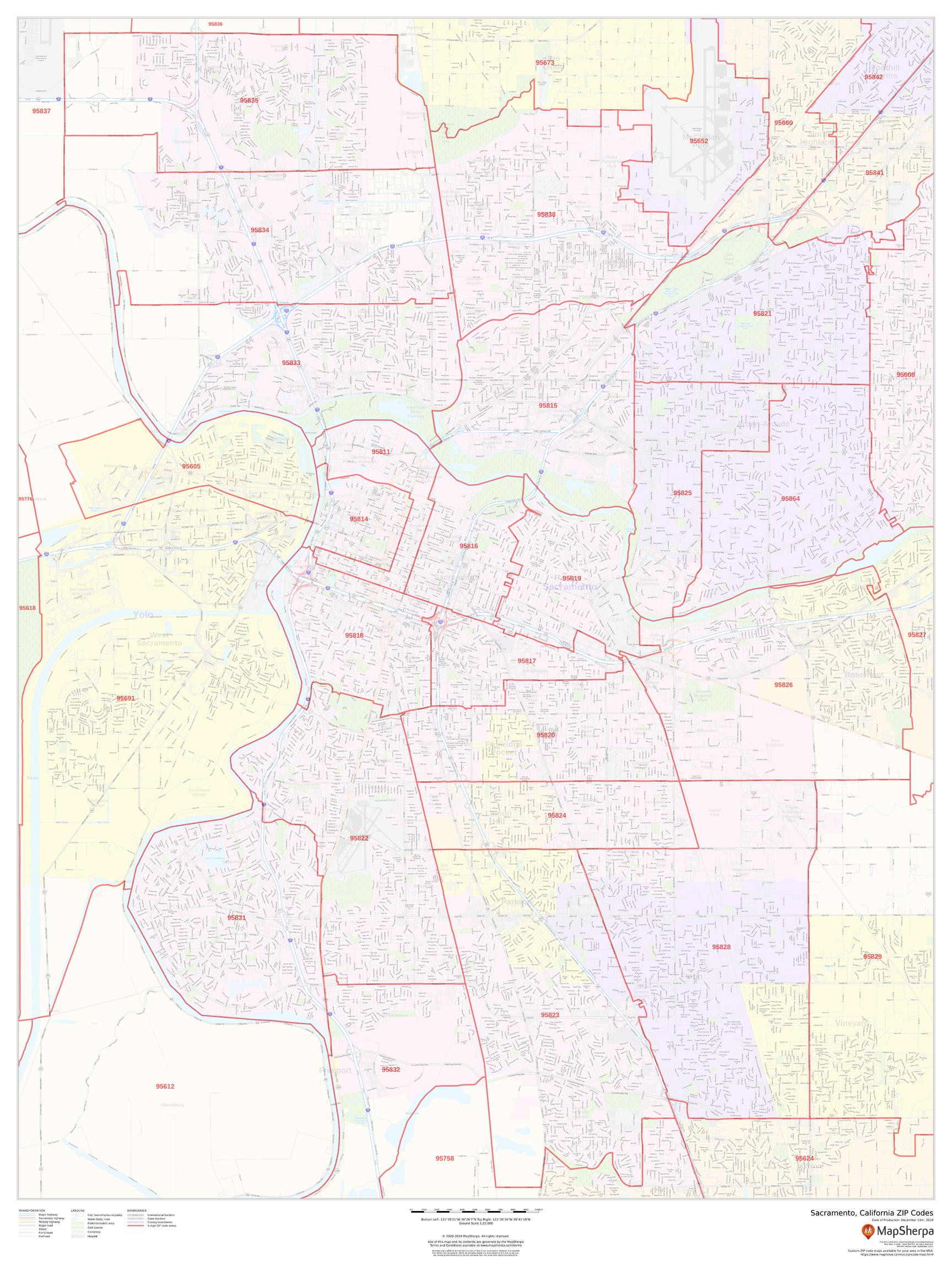 Sacramento, California ZIP Codes Wall Map