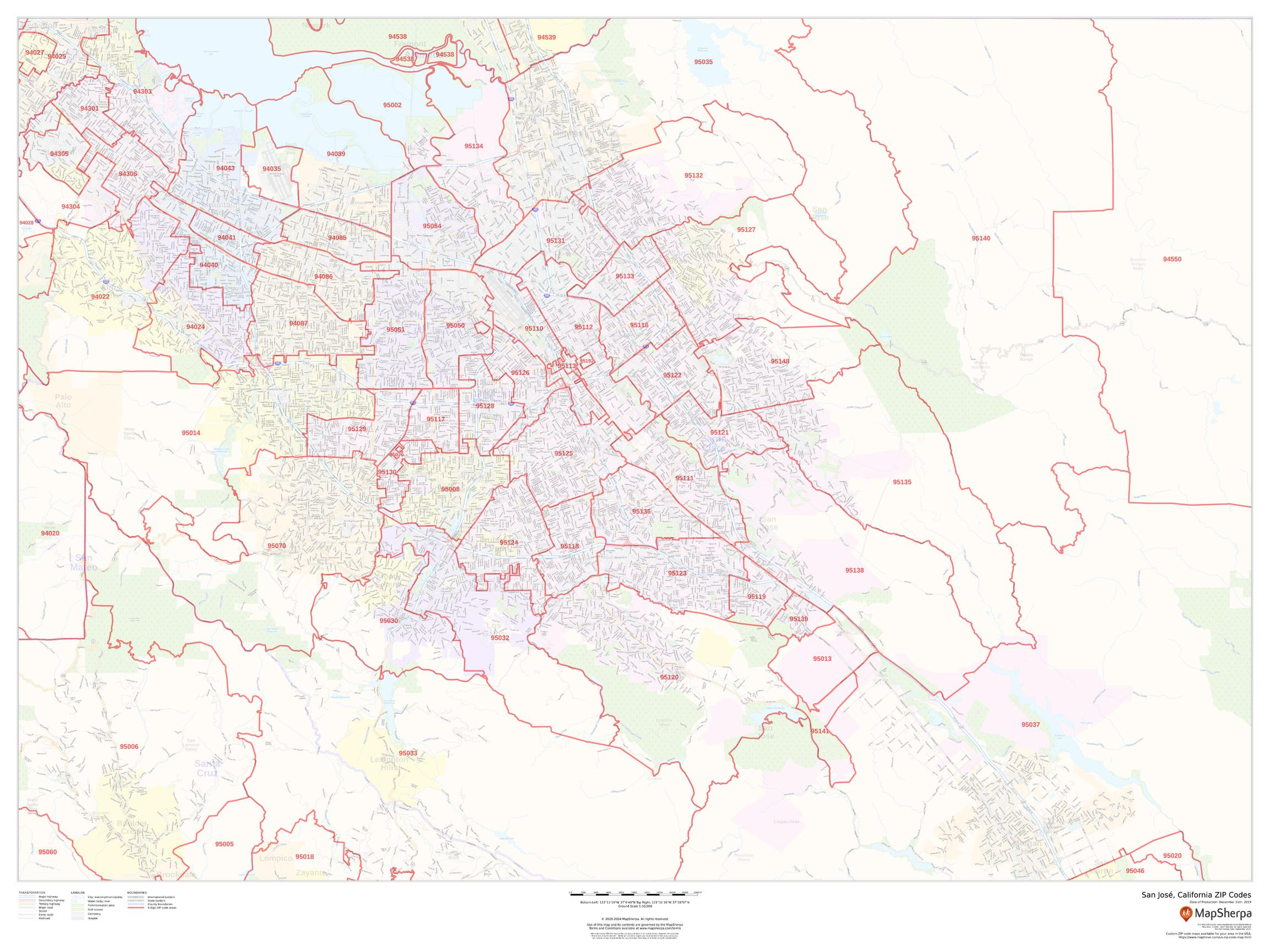 San Jose, California ZIP Codes Wall Map