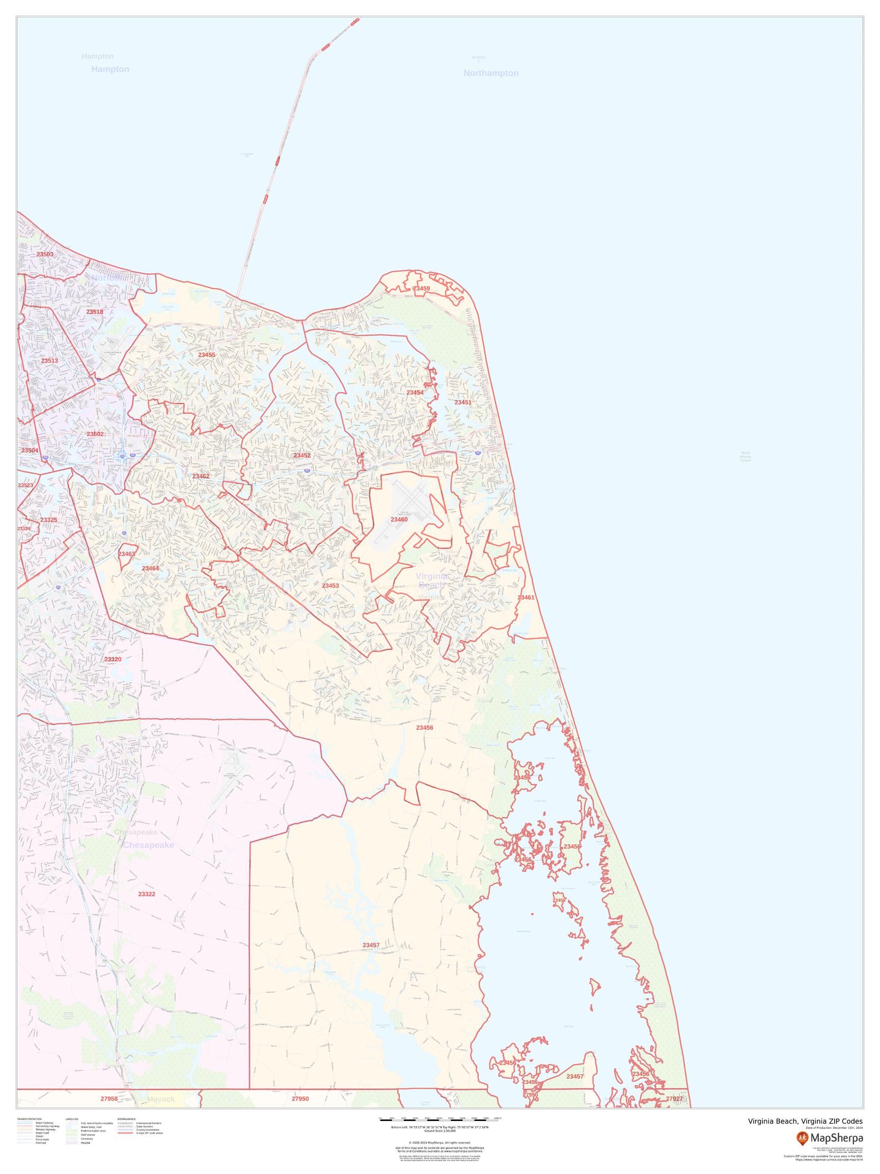 Virginia Beach, Virginia ZIP Codes Wall Map