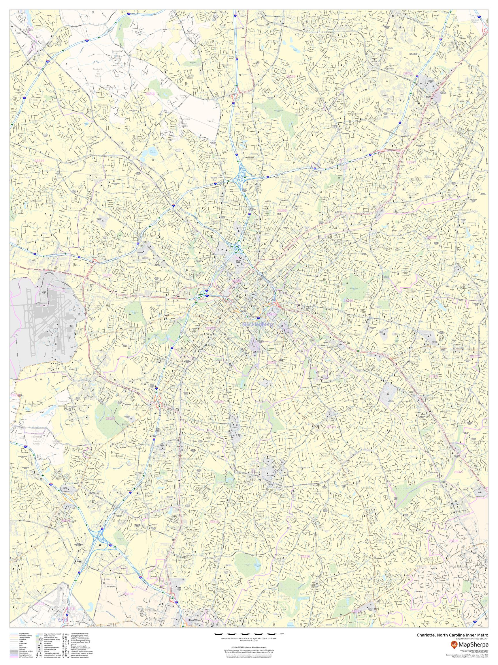 Charlotte, North Carolina Inner Metro - Portrait Wall Map