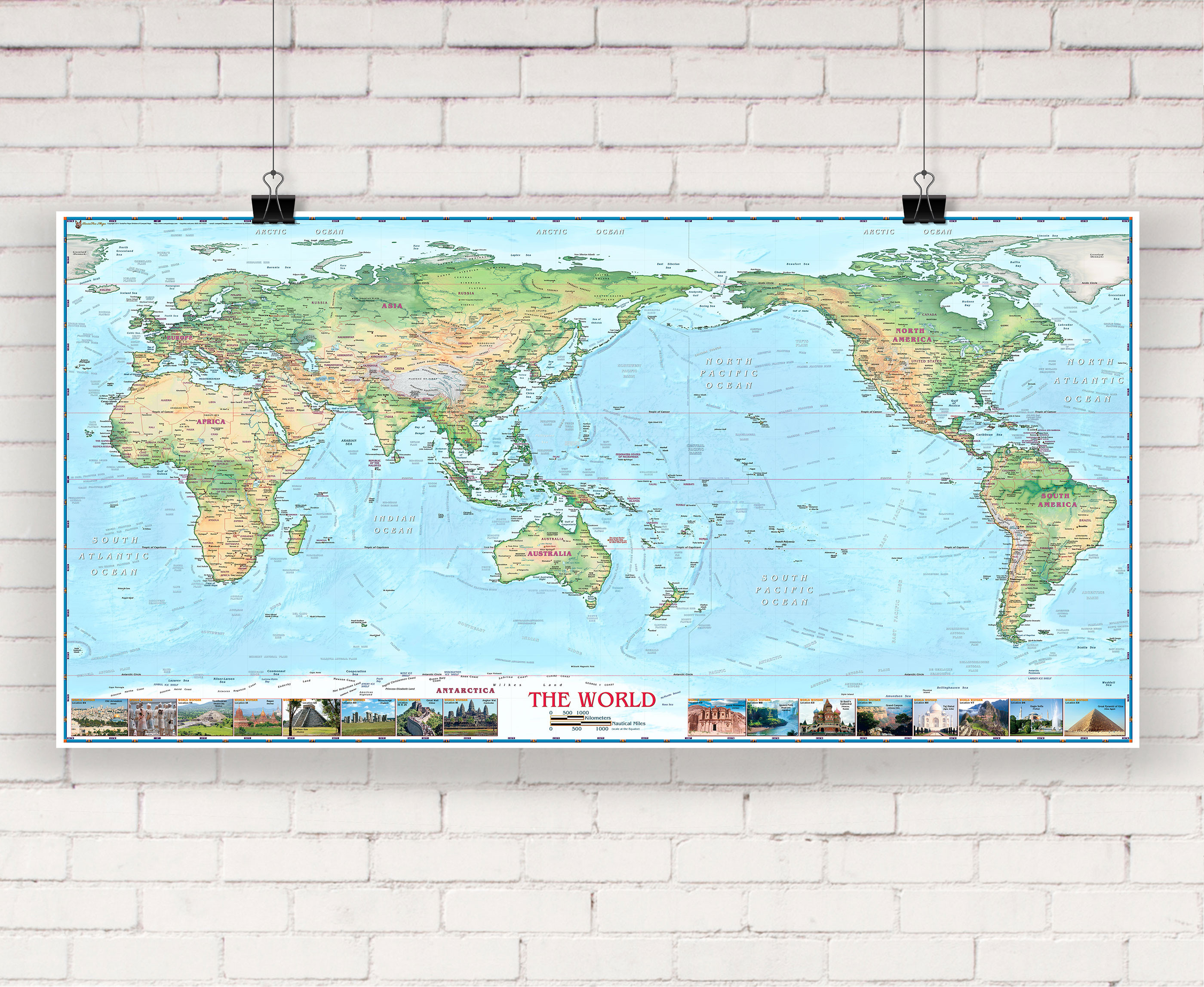 World Physical Wall Map Pacific Centered w/ World Wonders