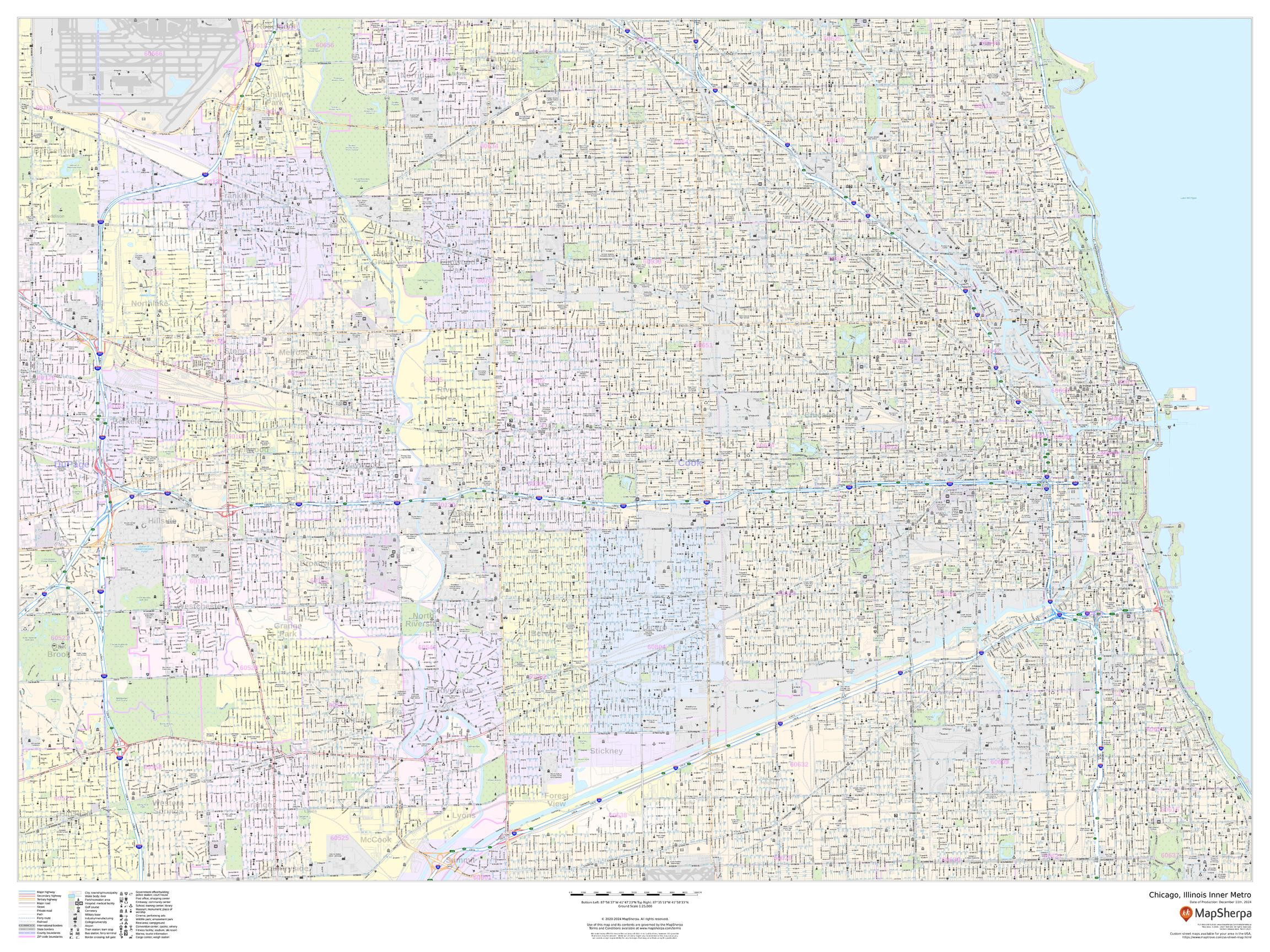 Chicago, Illinois Inner Metro - Landscape Wall Map