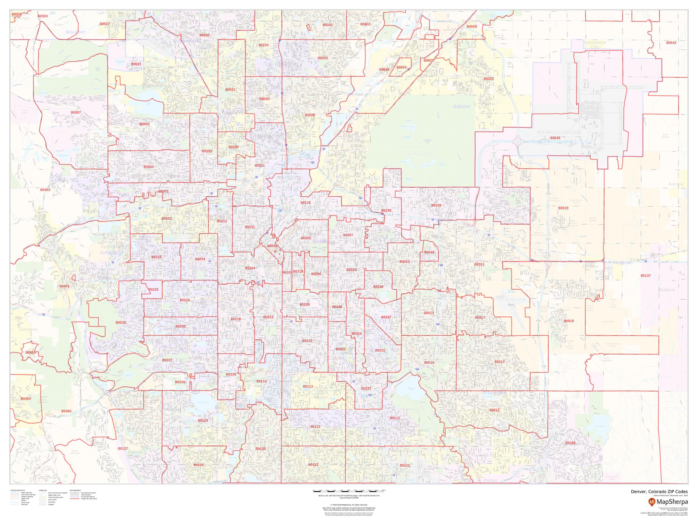 Denver, Colorado ZIP Codes Wall Map