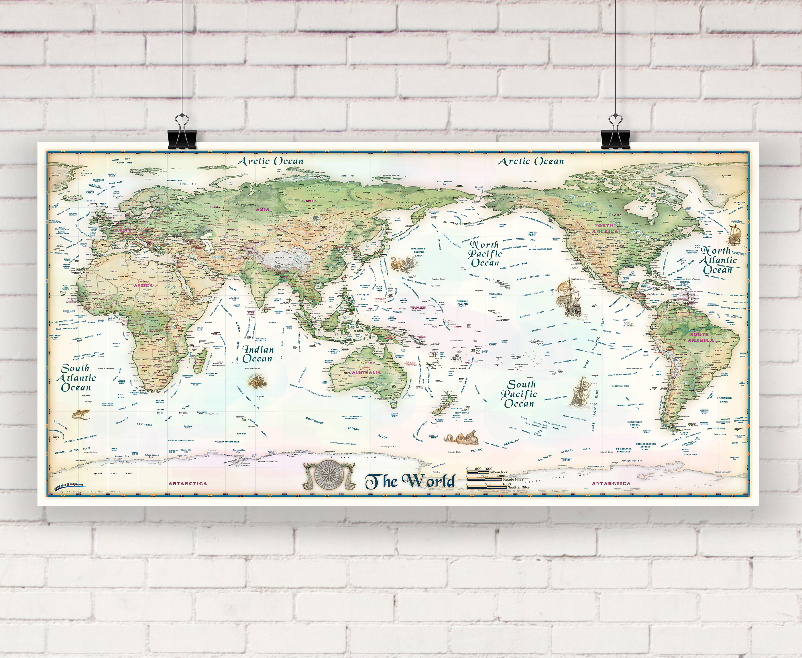 Colorful Antique Ivory World Wall Map Pacific Centered by Compart Maps