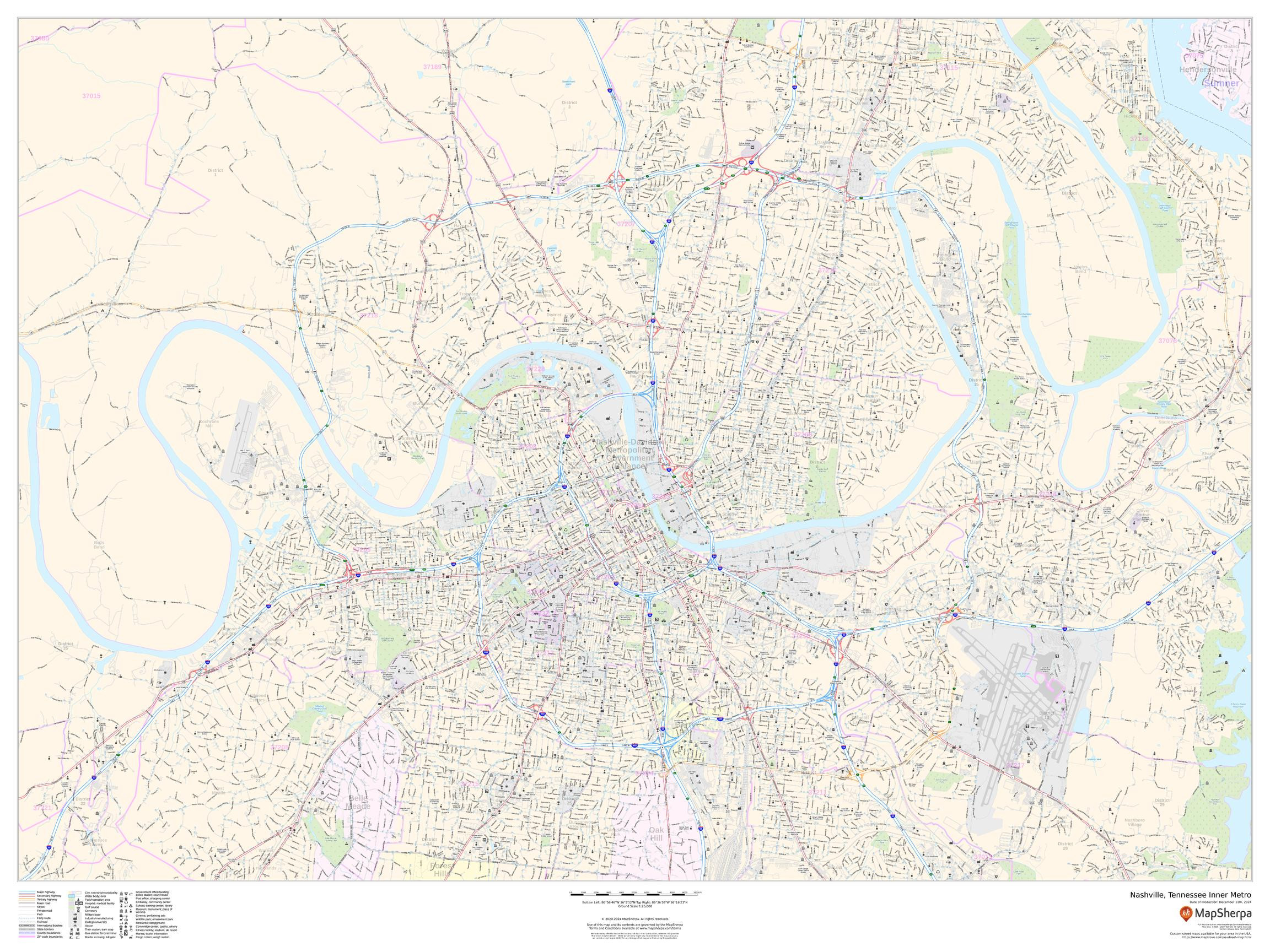 Nashville, Tennessee Inner Metro - Landscape Wall Map