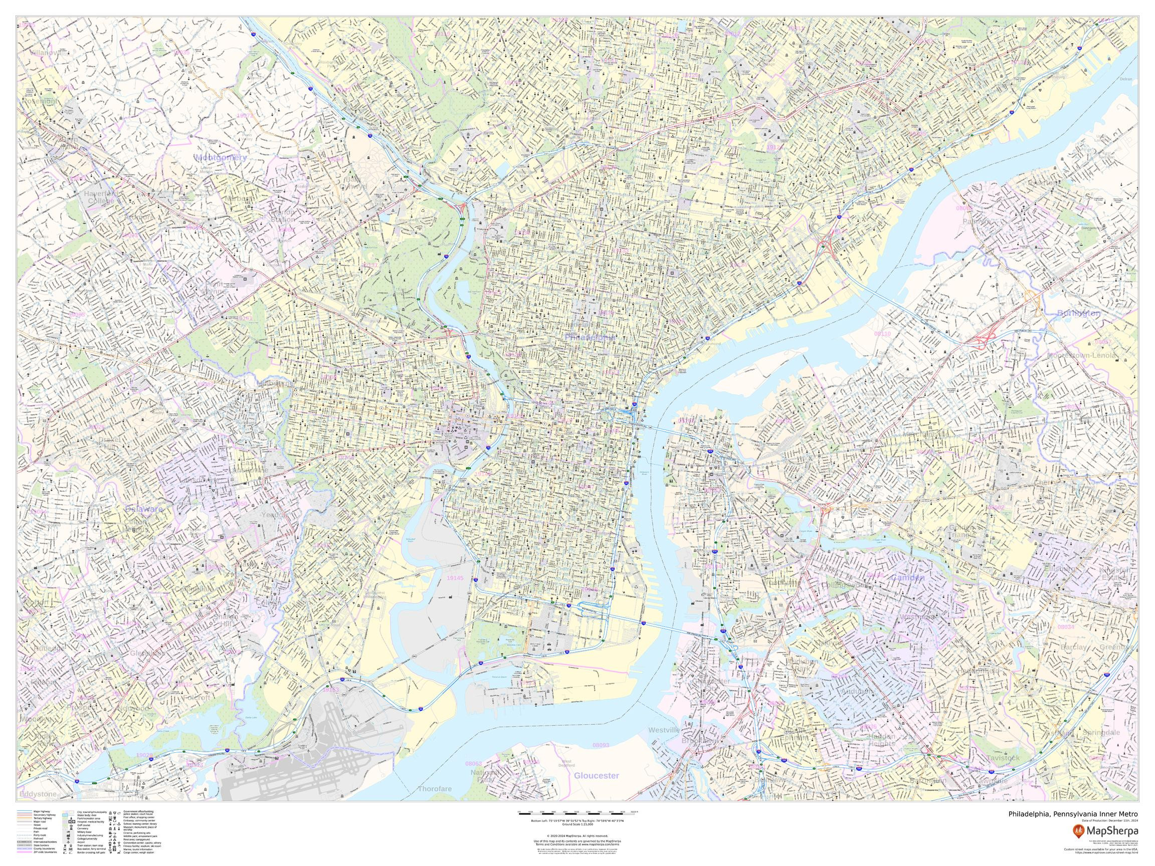 Philadelphia, Pennsylvania Inner Metro - Landscape Wall Map