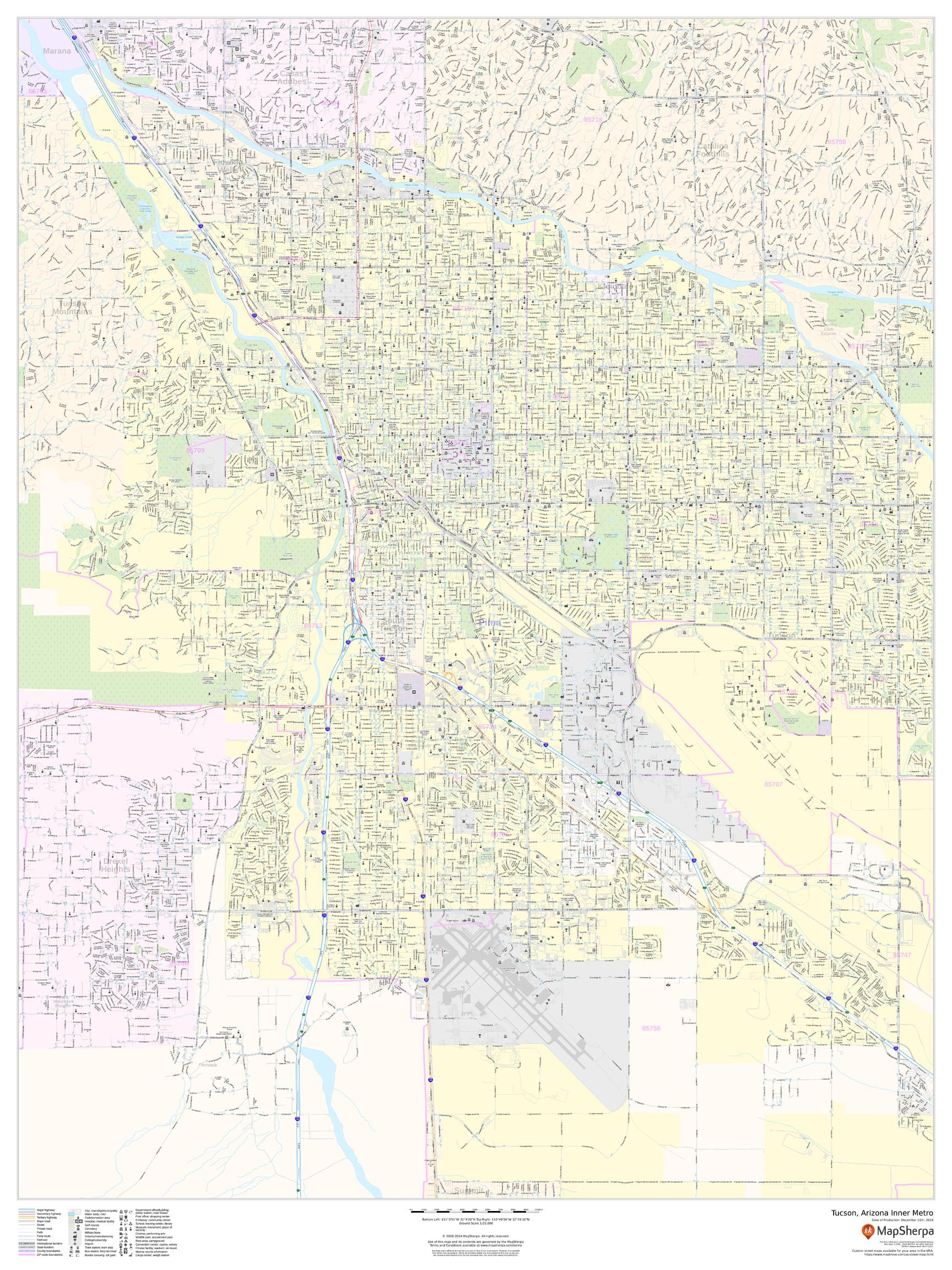 Tucson, Arizona Inner Metro - Portrait Wall Map