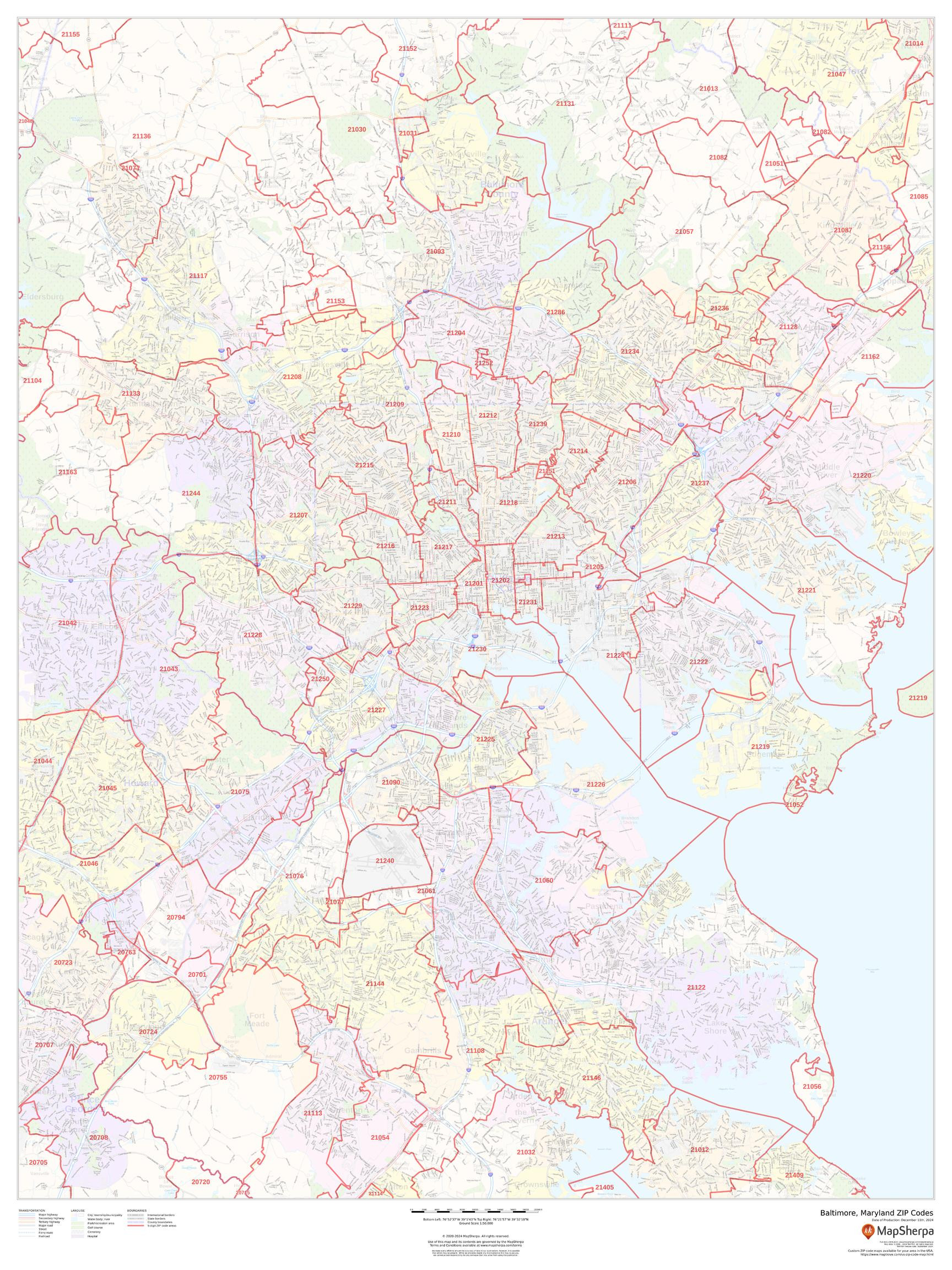 Baltimore, Maryland ZIP Codes Wall Map