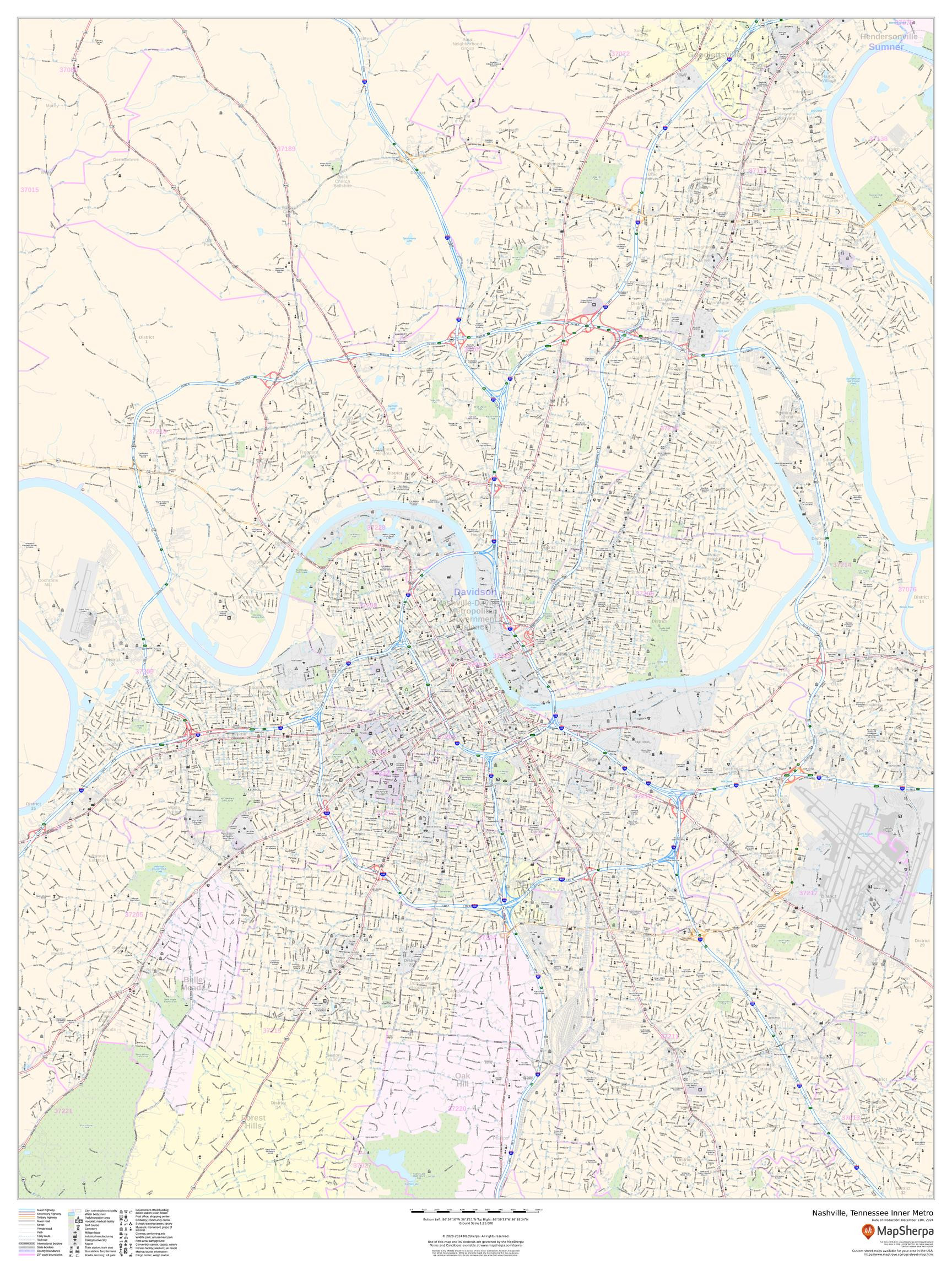 Nashville, Tennessee Inner Metro - Portrait Wall Map