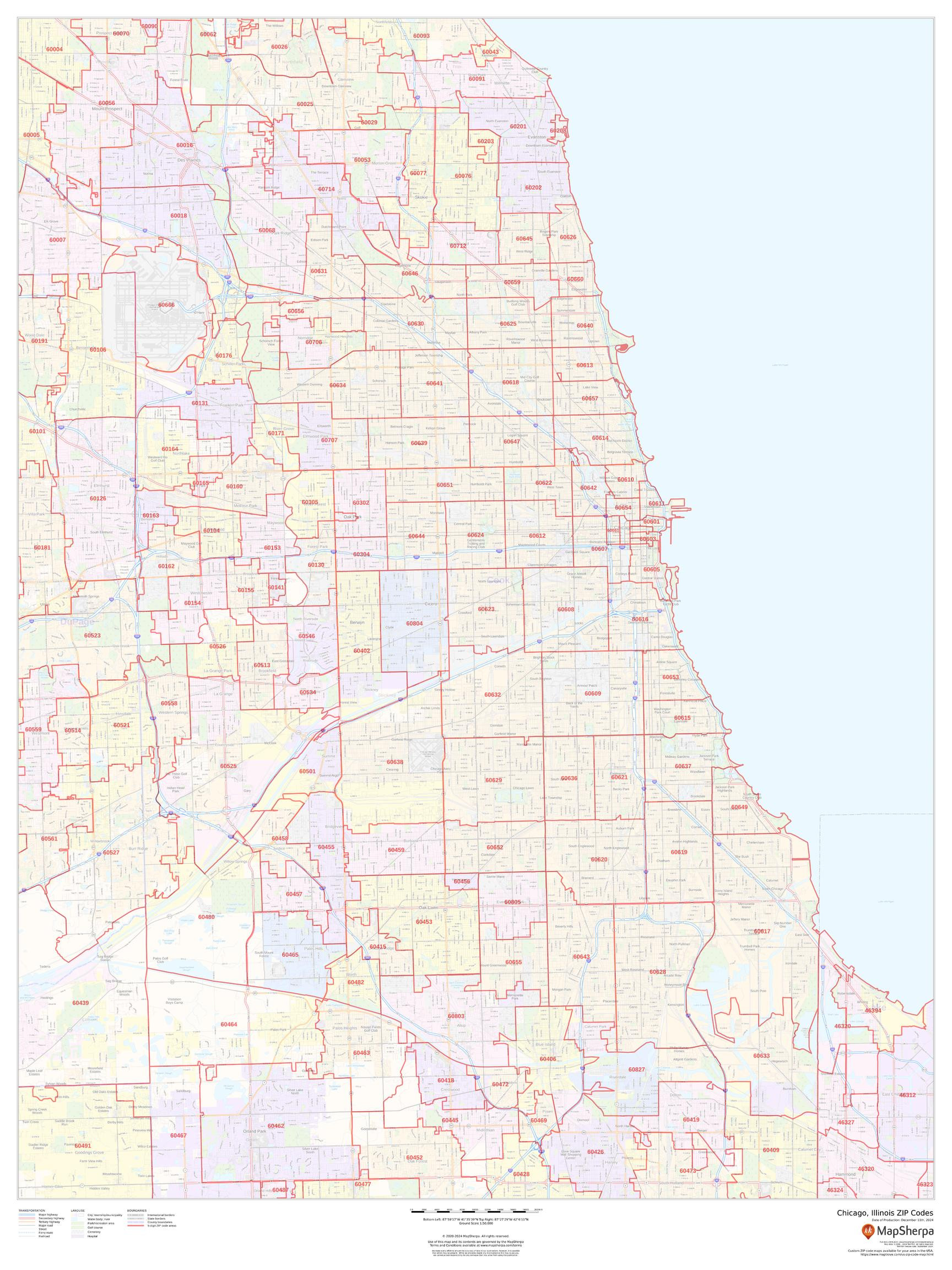 Chicago, Illinois ZIP Codes Wall Map