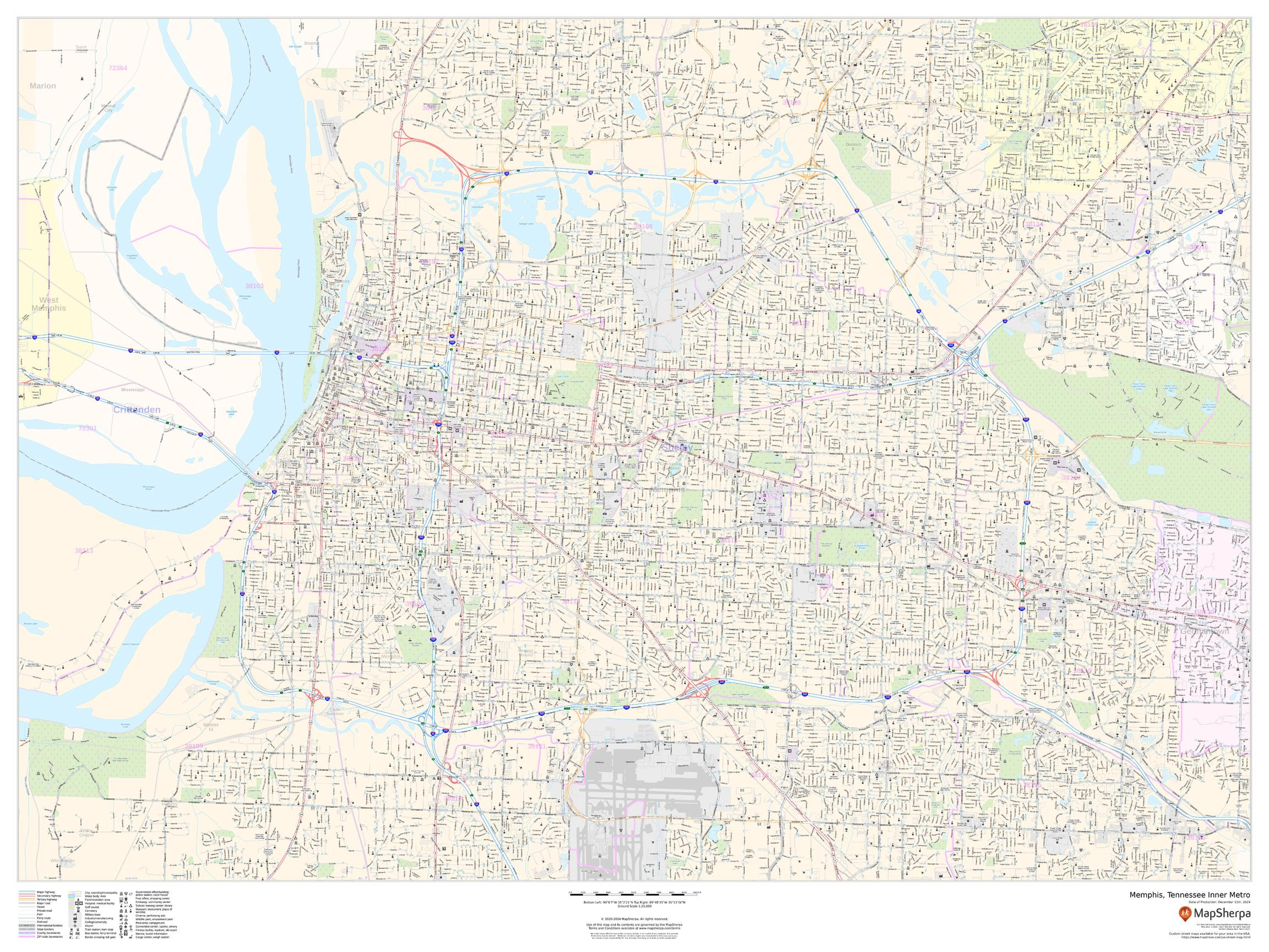 Memphis, Tennessee Inner Metro - Landscape Wall Map