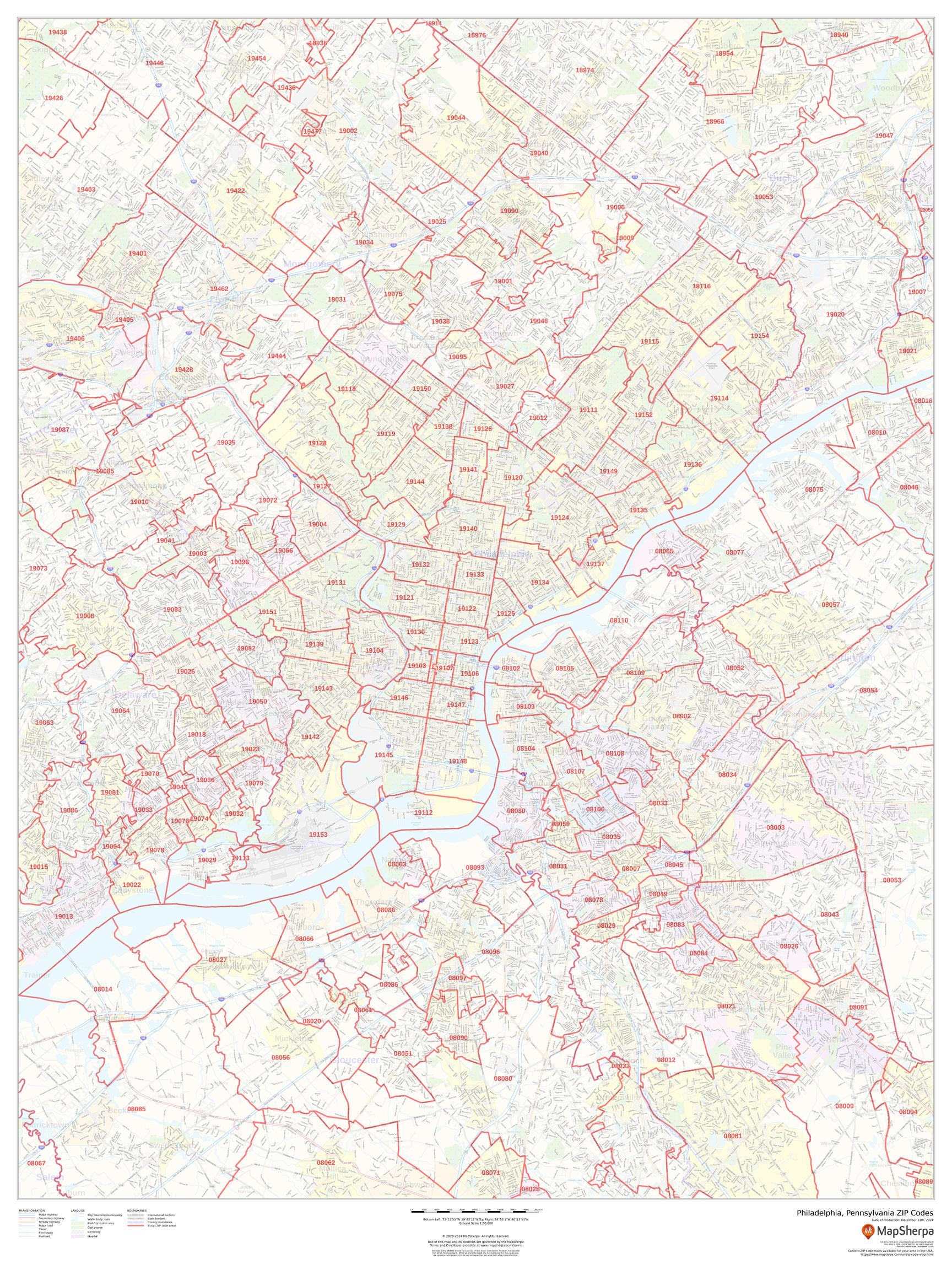Philadelphia, Pennsylvania ZIP Codes Wall Map