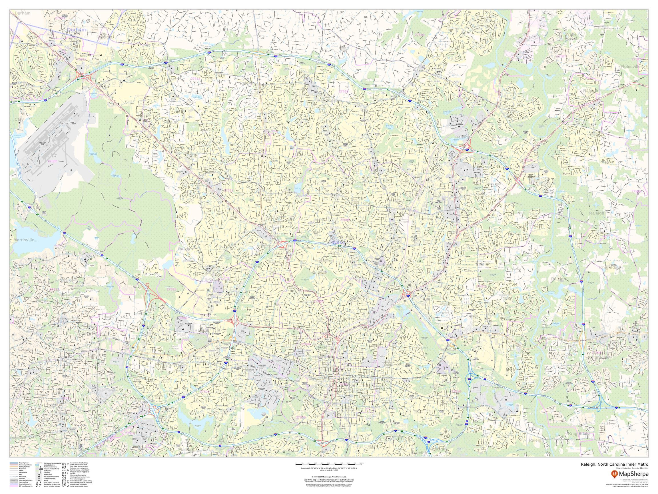 Raleigh, North Carolina Inner Metro - Landscape Wall Map