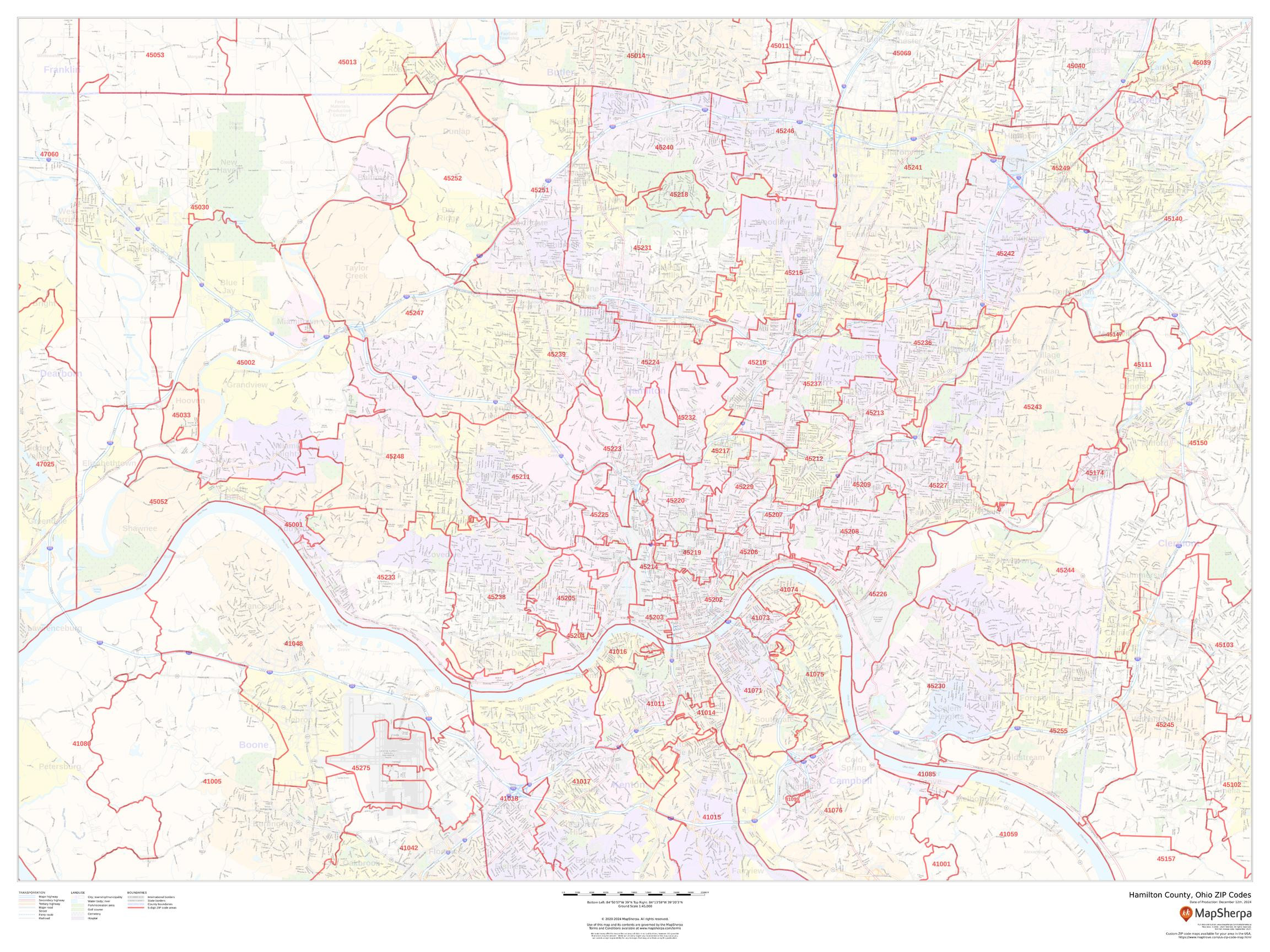 Hamilton County, Ohio ZIP Codes Wall Map