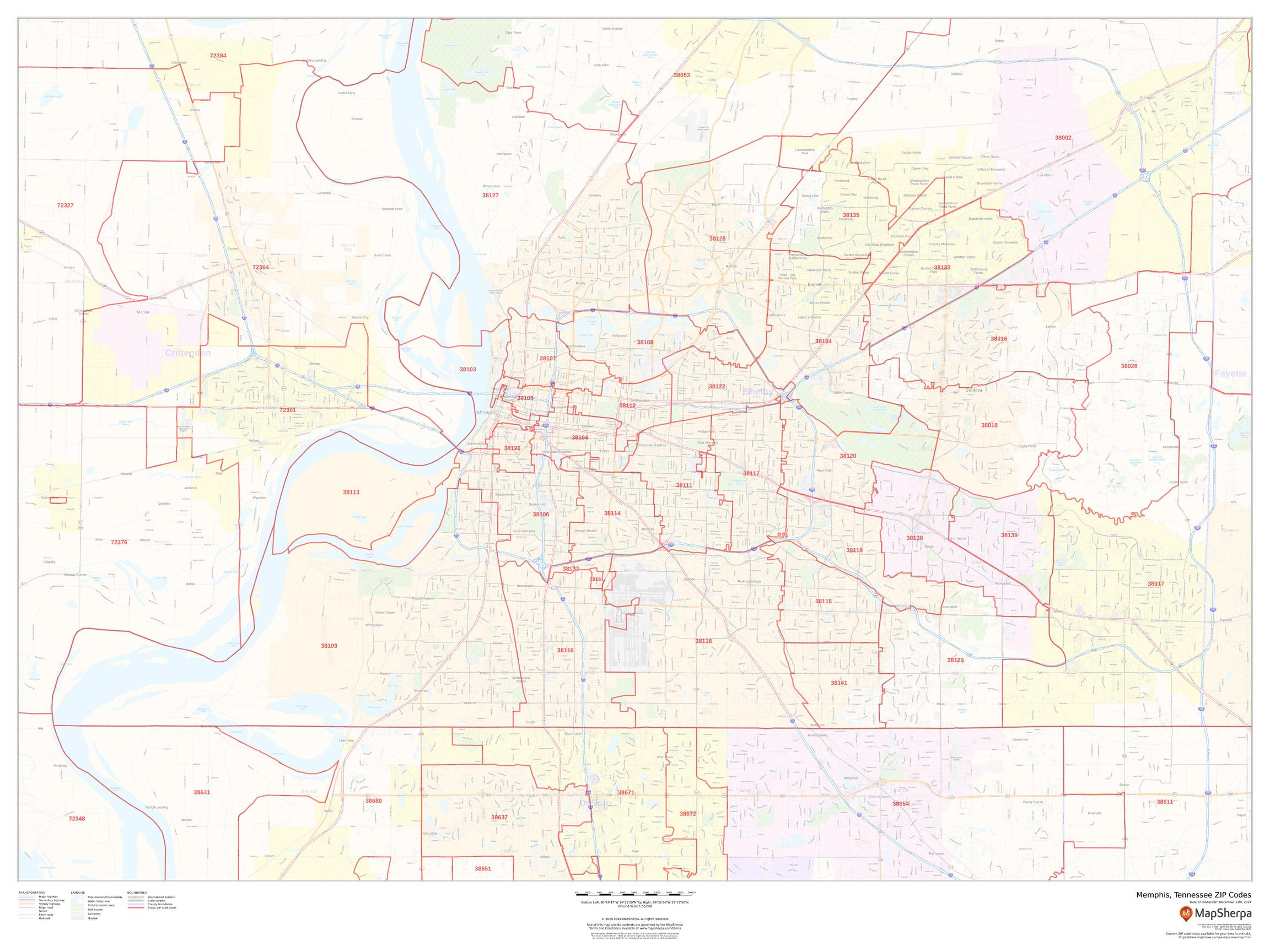 Memphis, Tennessee ZIP Codes Wall Map