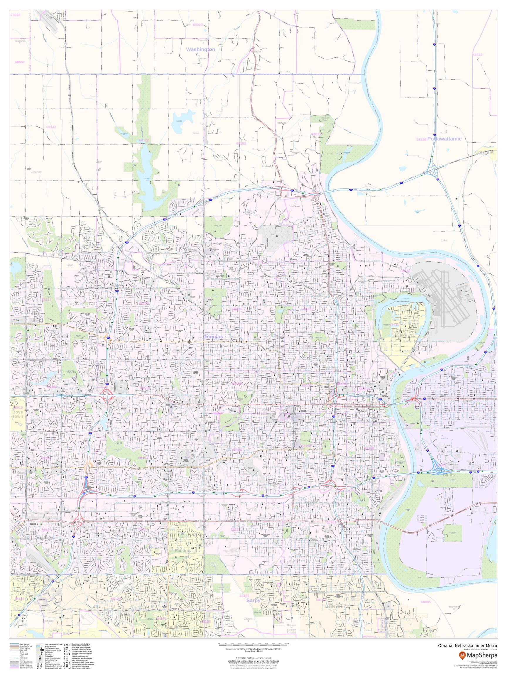 Omaha, Nebraska Inner Metro - Portrait Wall Map
