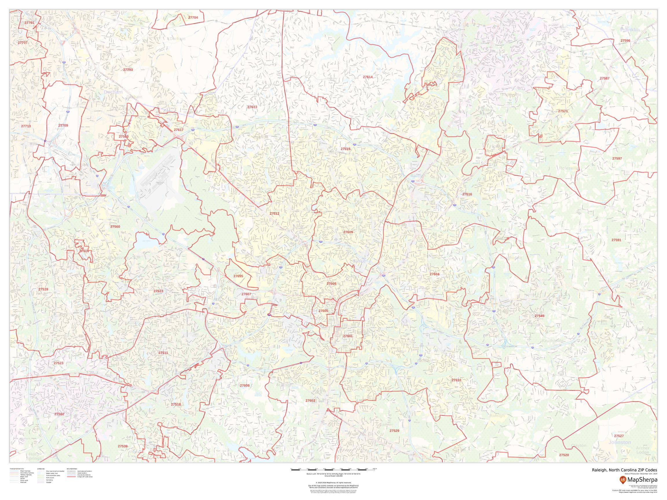 Raleigh, North Carolina ZIP Codes Wall Map