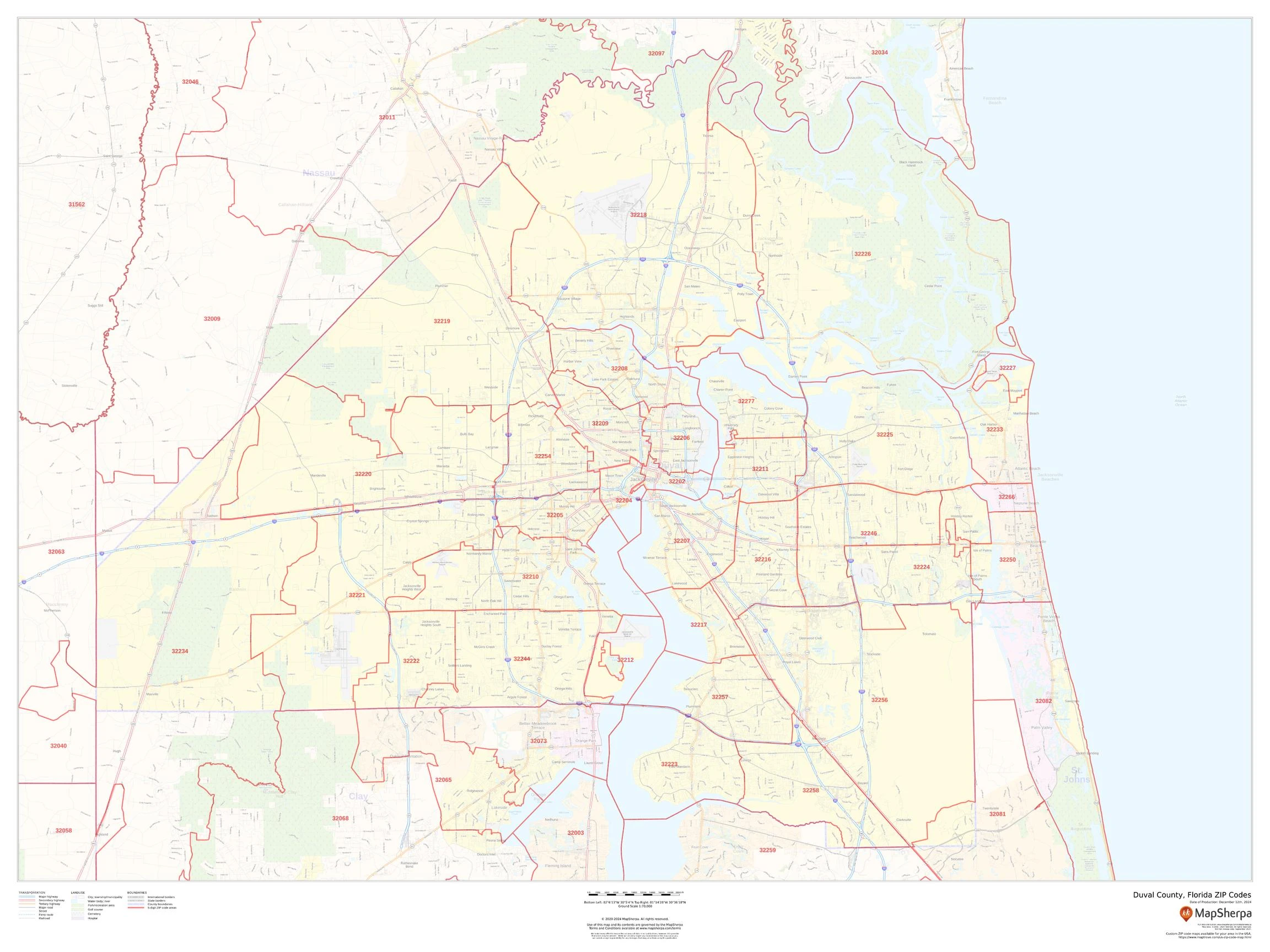Duval County, Florida ZIP Codes Wall Map