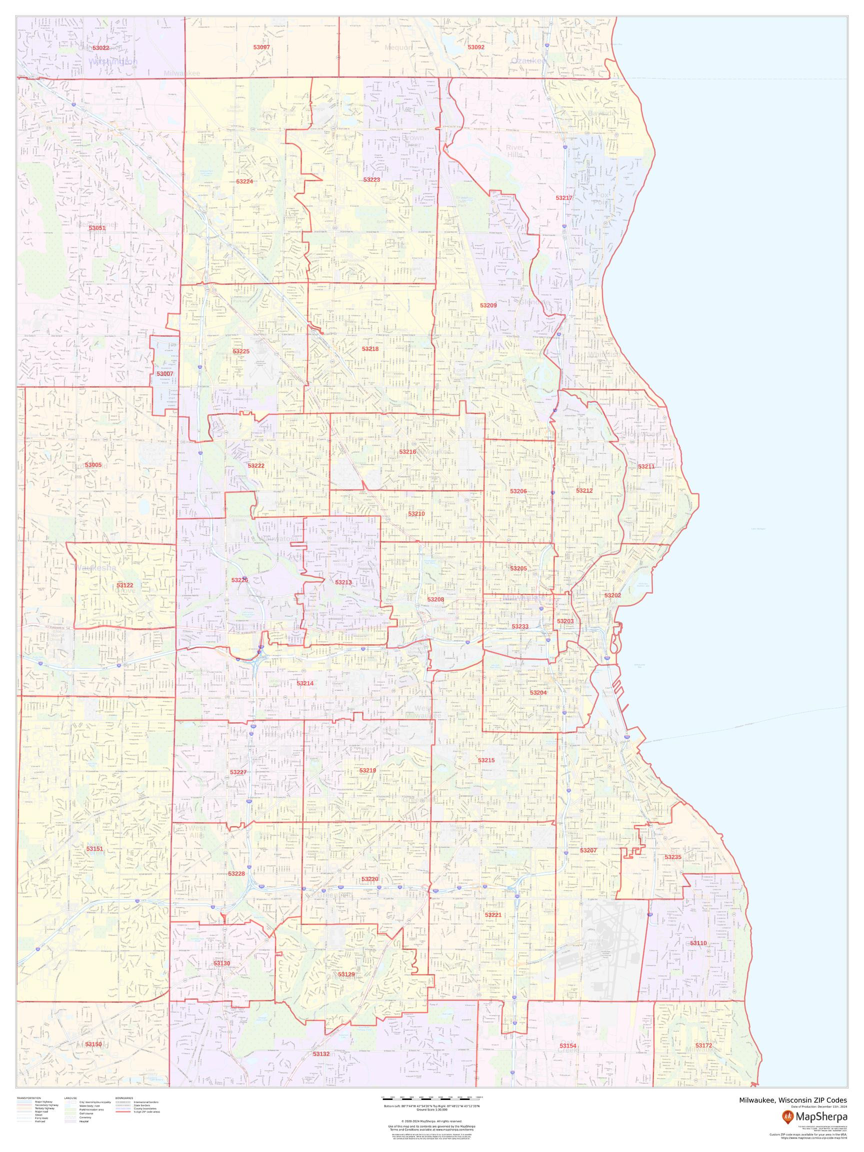 Milwaukee, Wisconsin ZIP Codes Wall Map
