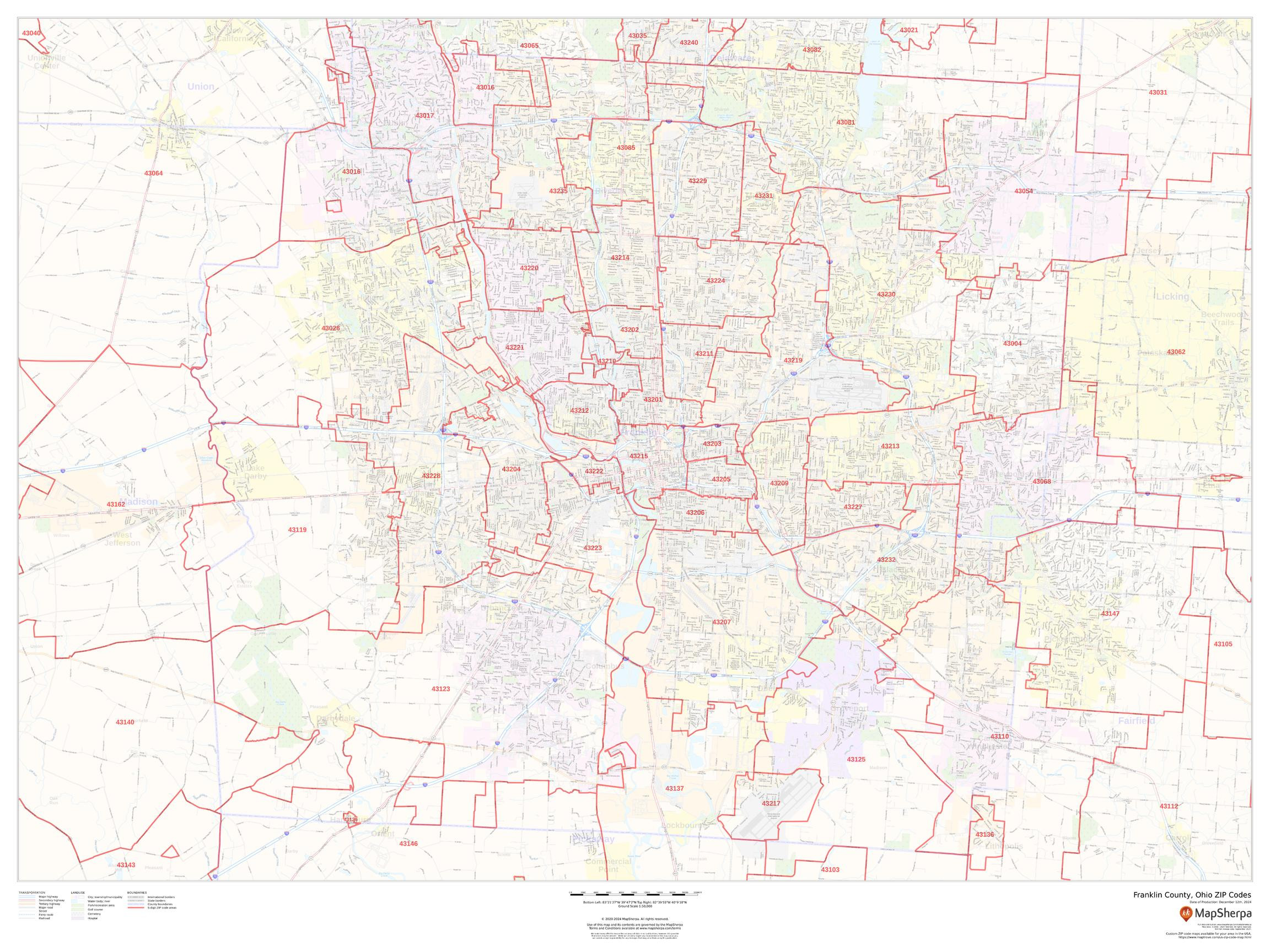 Franklin County, Ohio ZIP Codes Wall Map
