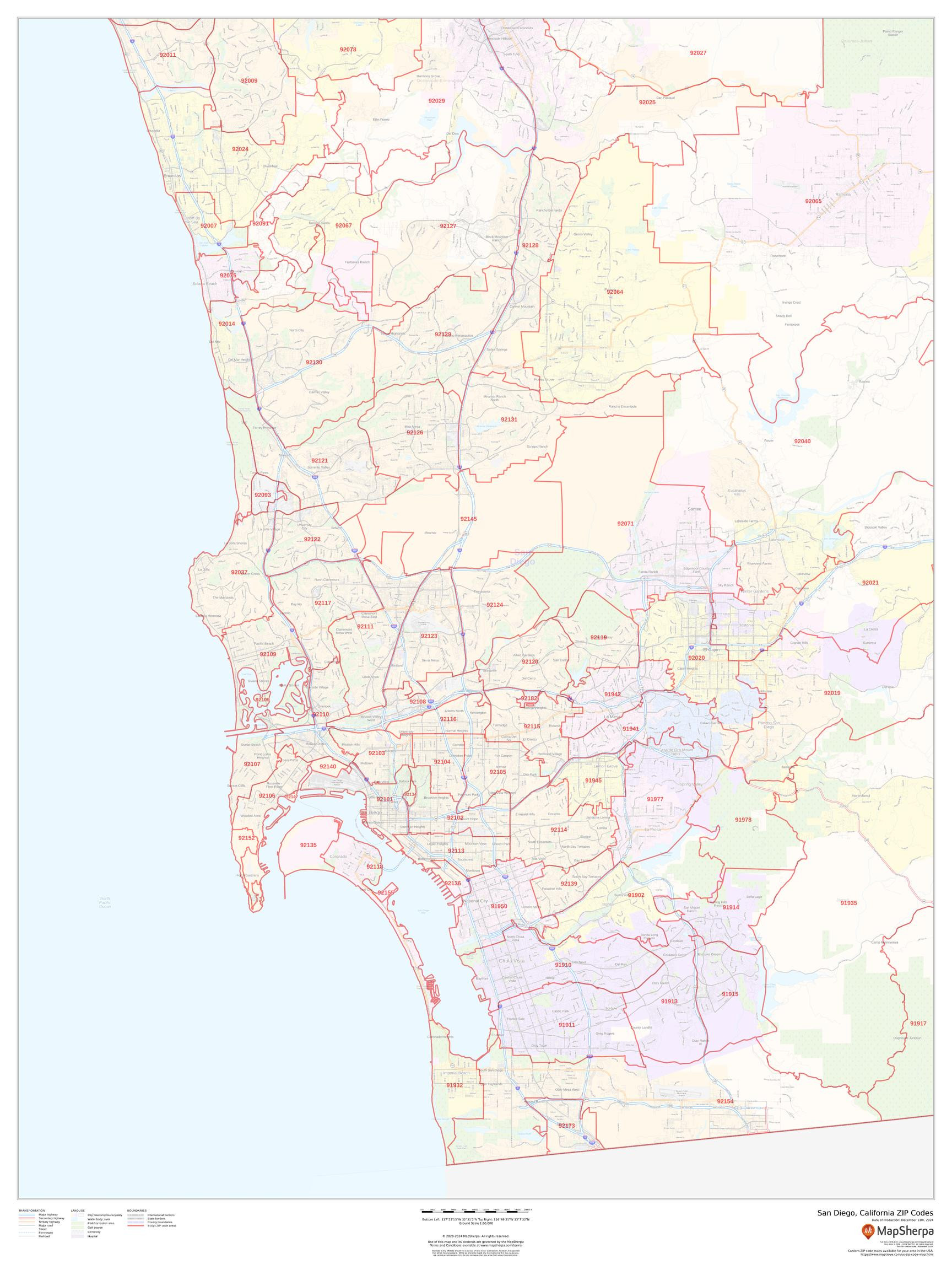 San Diego, California ZIP Codes Wall Map