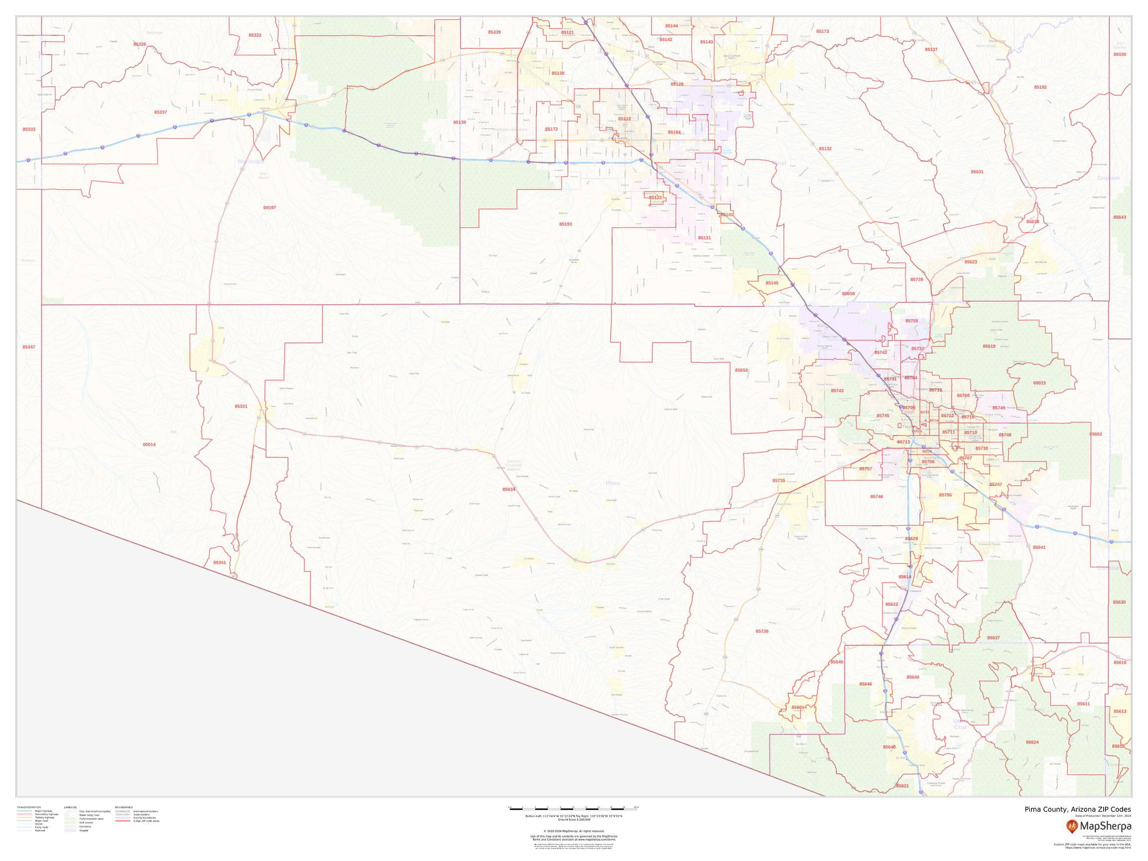 Pima County, Arizona ZIP Codes Wall Map