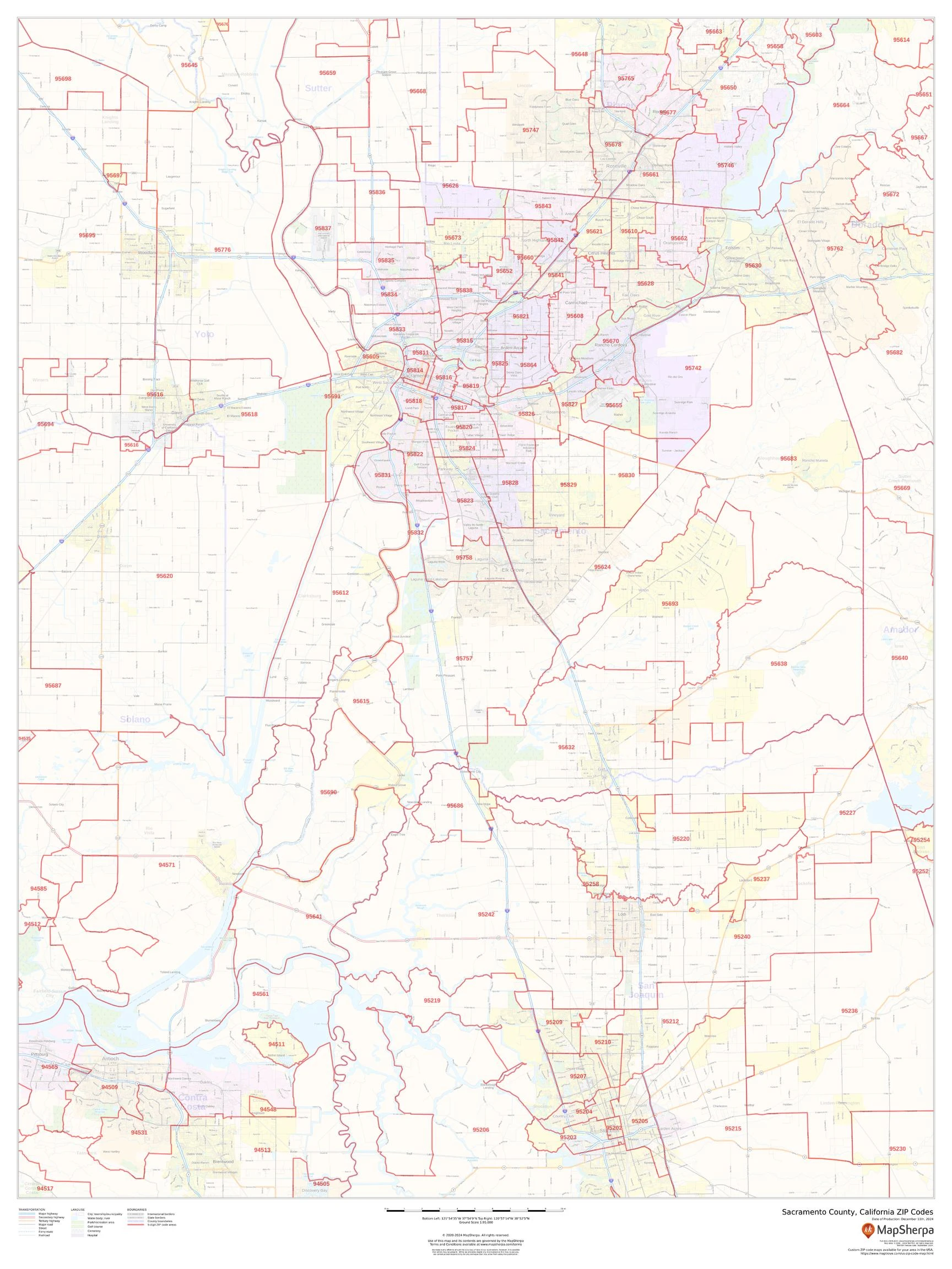 Sacramento County, California ZIP Codes Wall Map