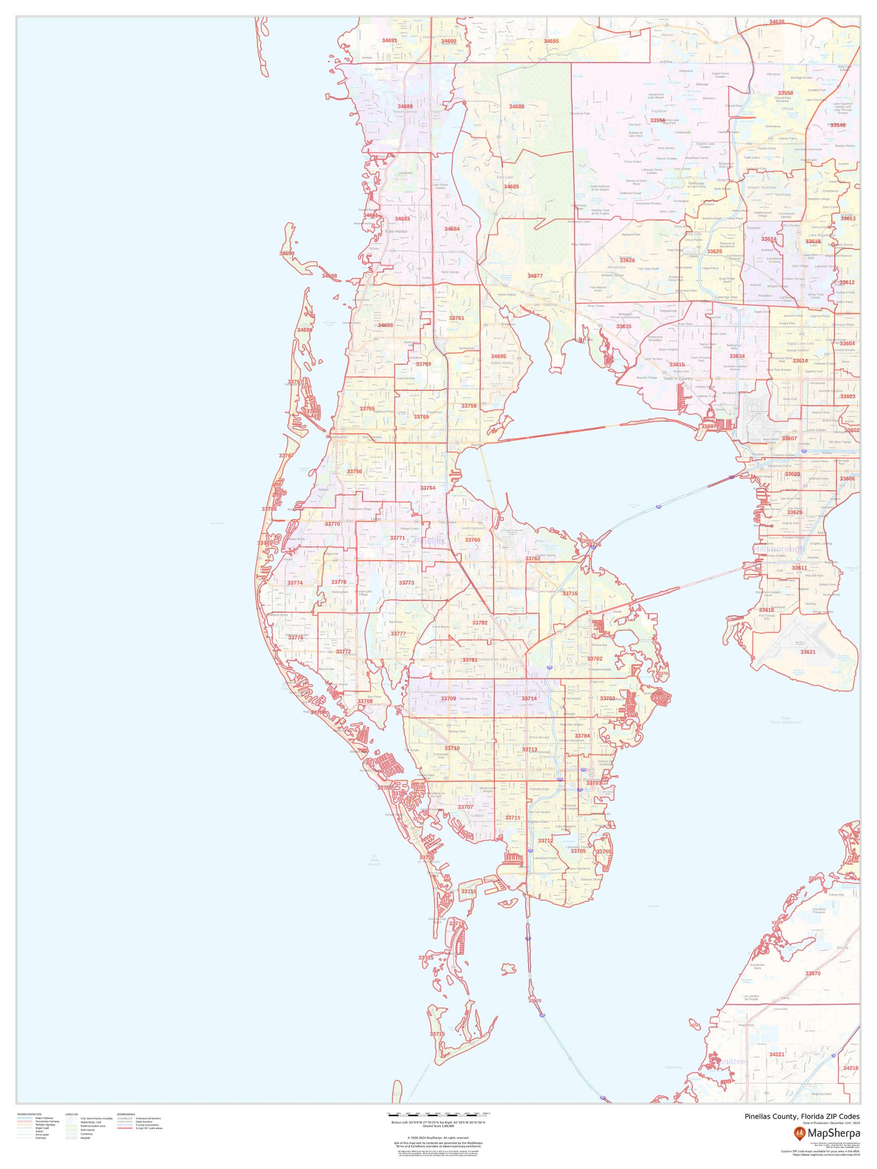 Pinellas County, Florida ZIP Codes Wall Map