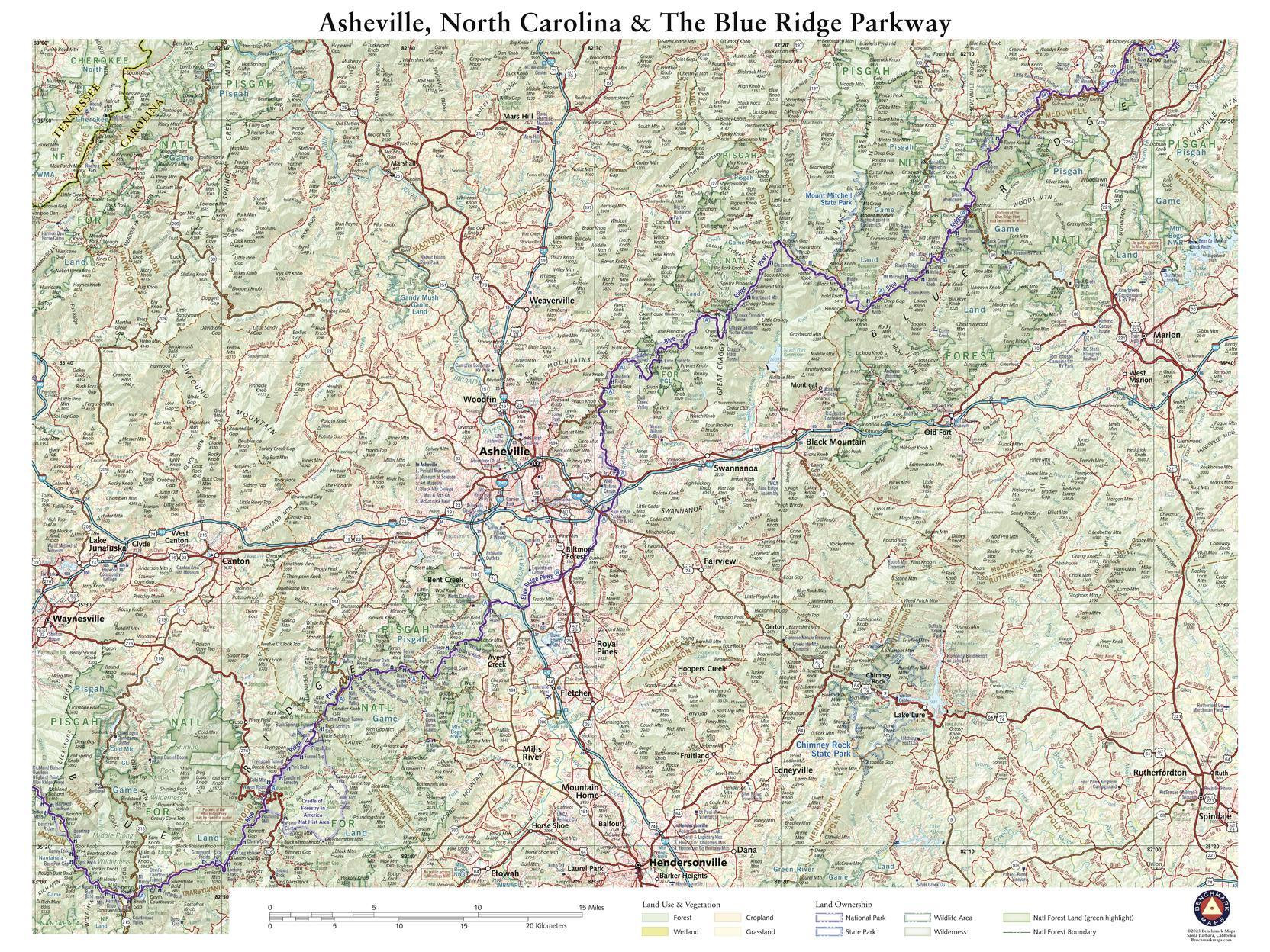 Asheville NC and The Blue Ridge Parkway Wall Map