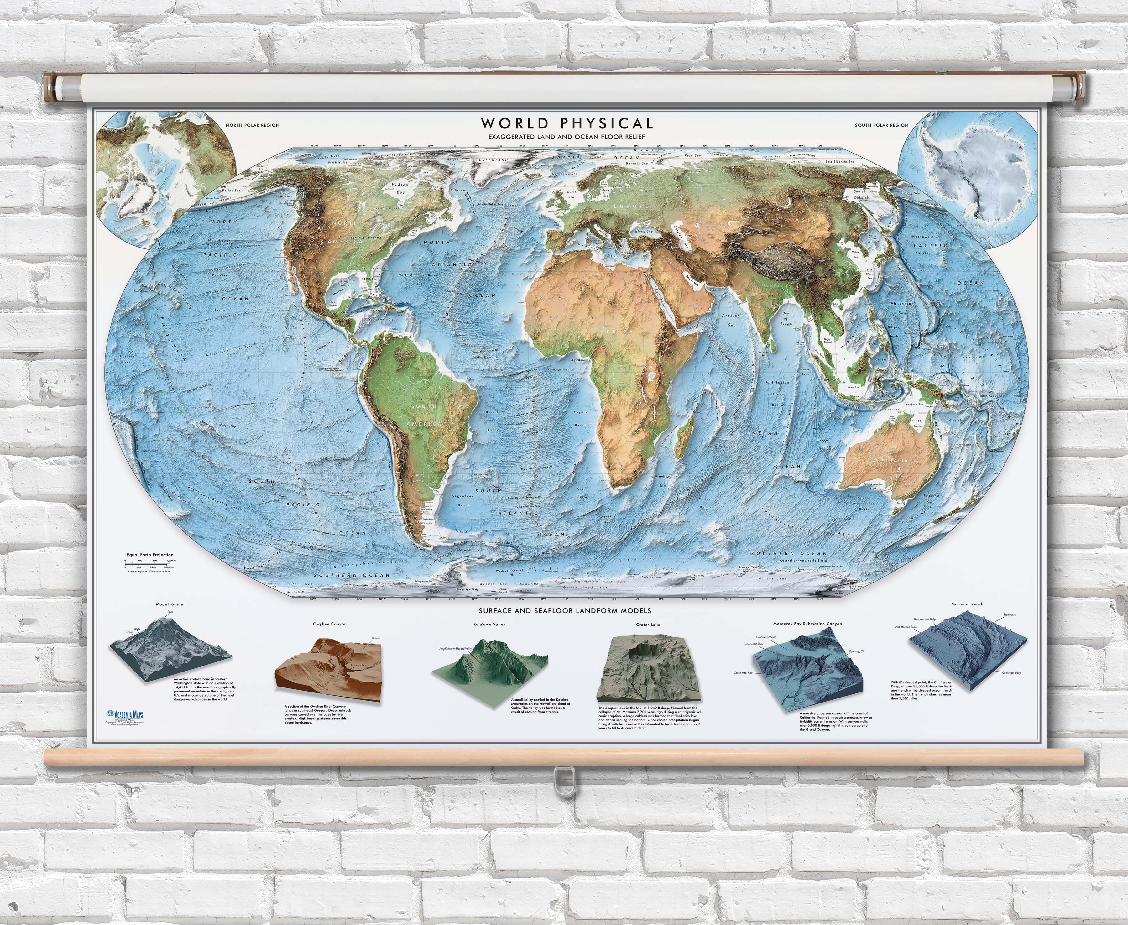 Equal Earth World Map - Physical Classroom Pull-Down Map with Exaggerated Shaded Relief
