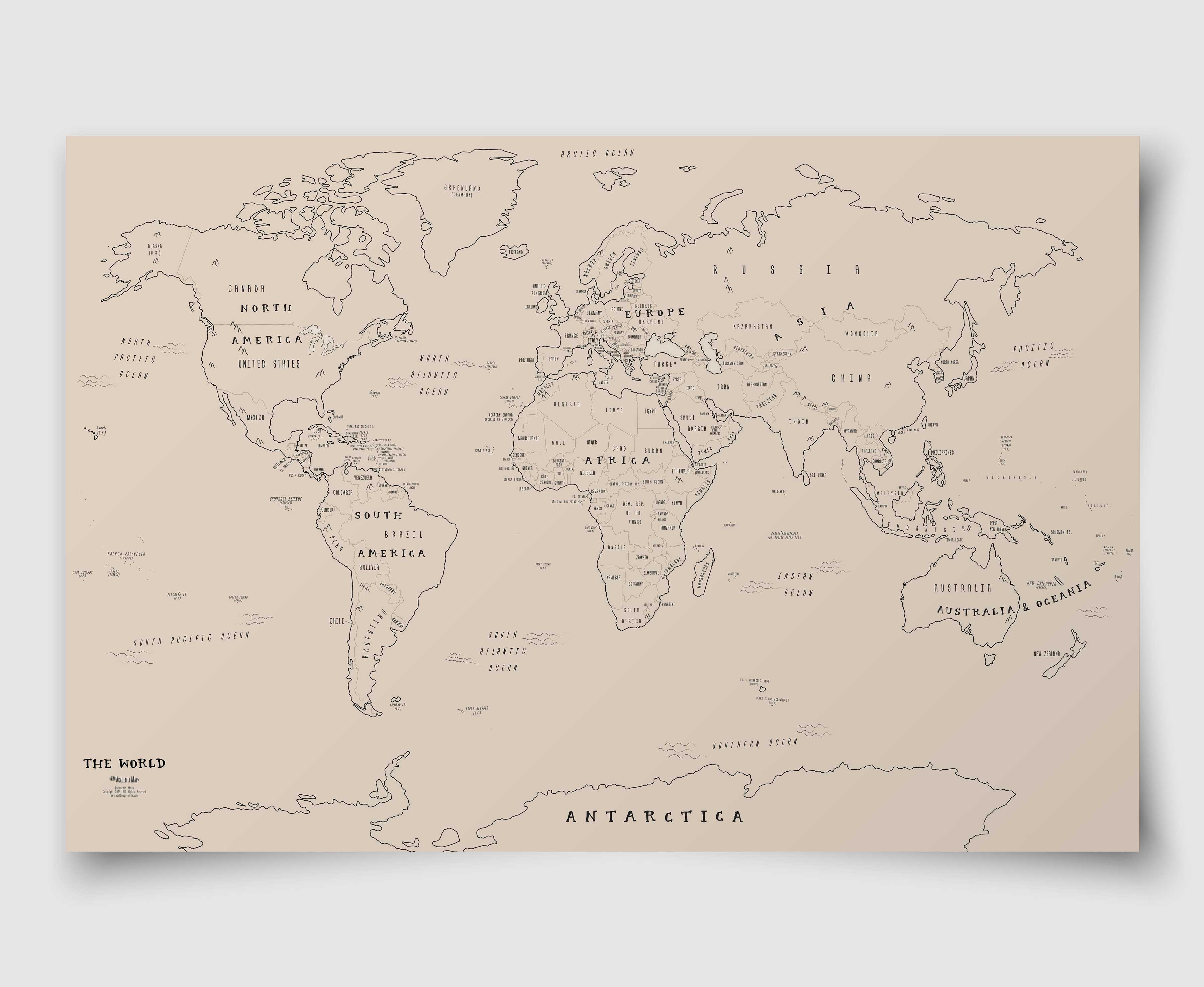 Minimalist Soft Tan Hand-Drawn World Wall Map Archival Paper Print