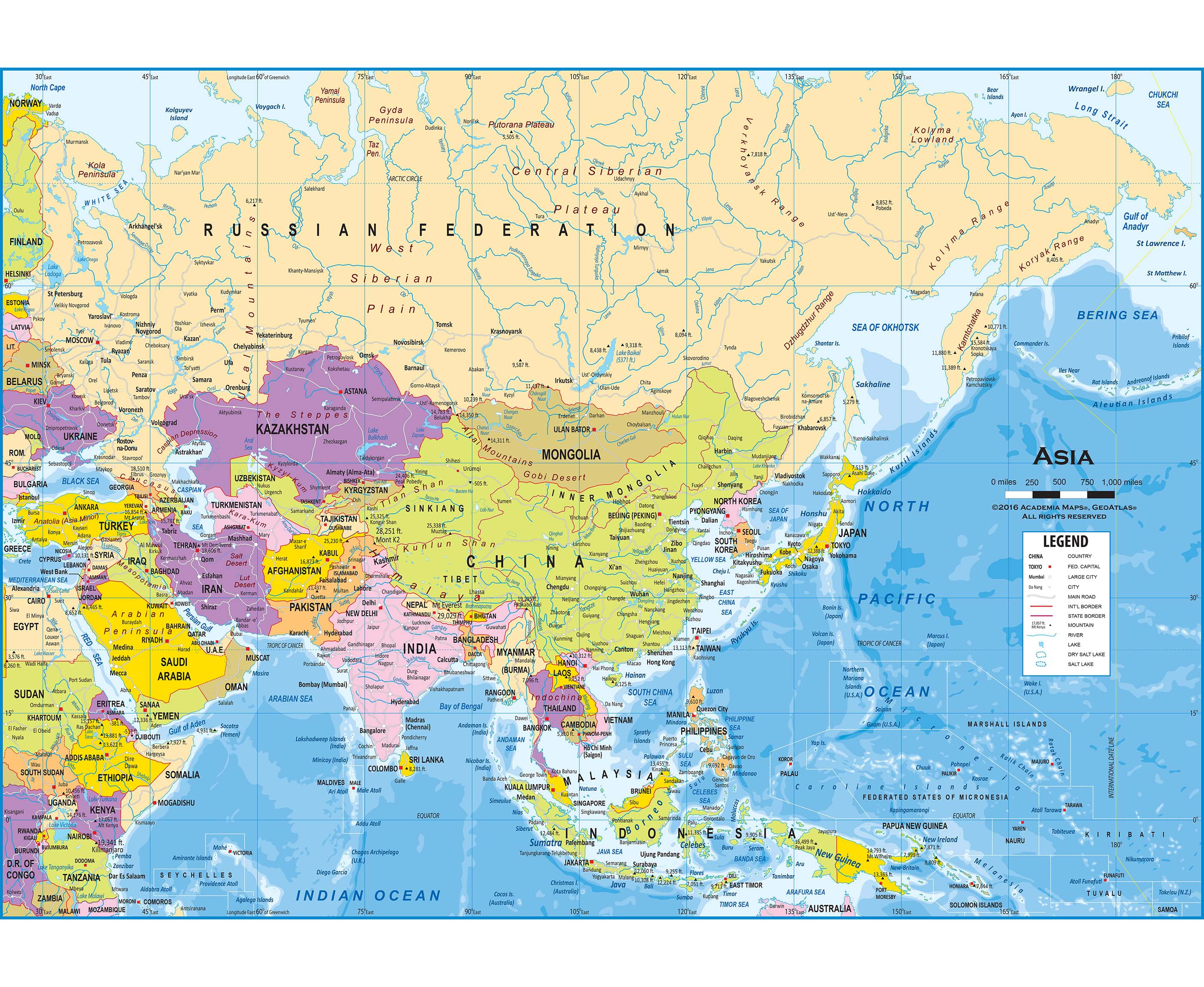 Asia Political Classroom Map Wallpaper Mural
