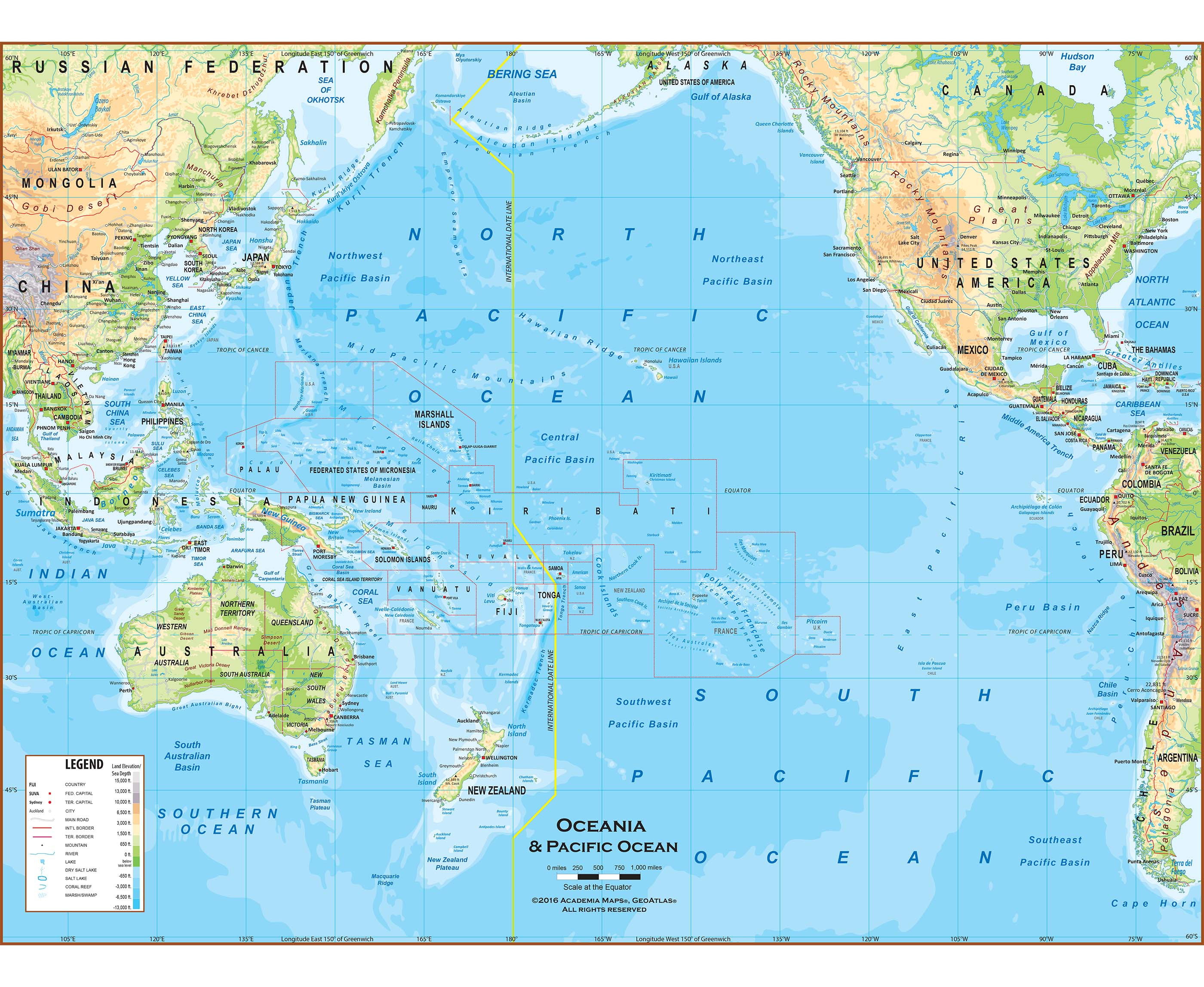 Australia & Oceania Physical Map Wallpaper Mural