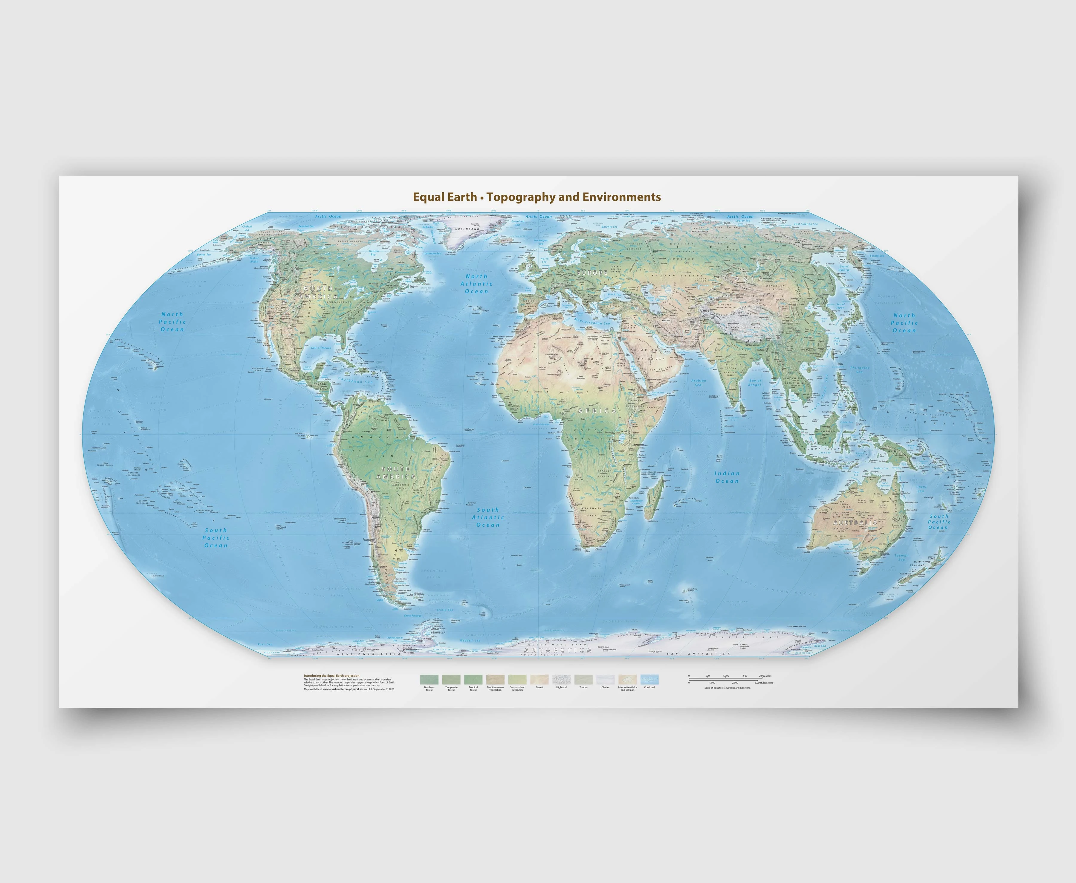 Equal Earth Physical World Wall Map | Tom Patterson Maps