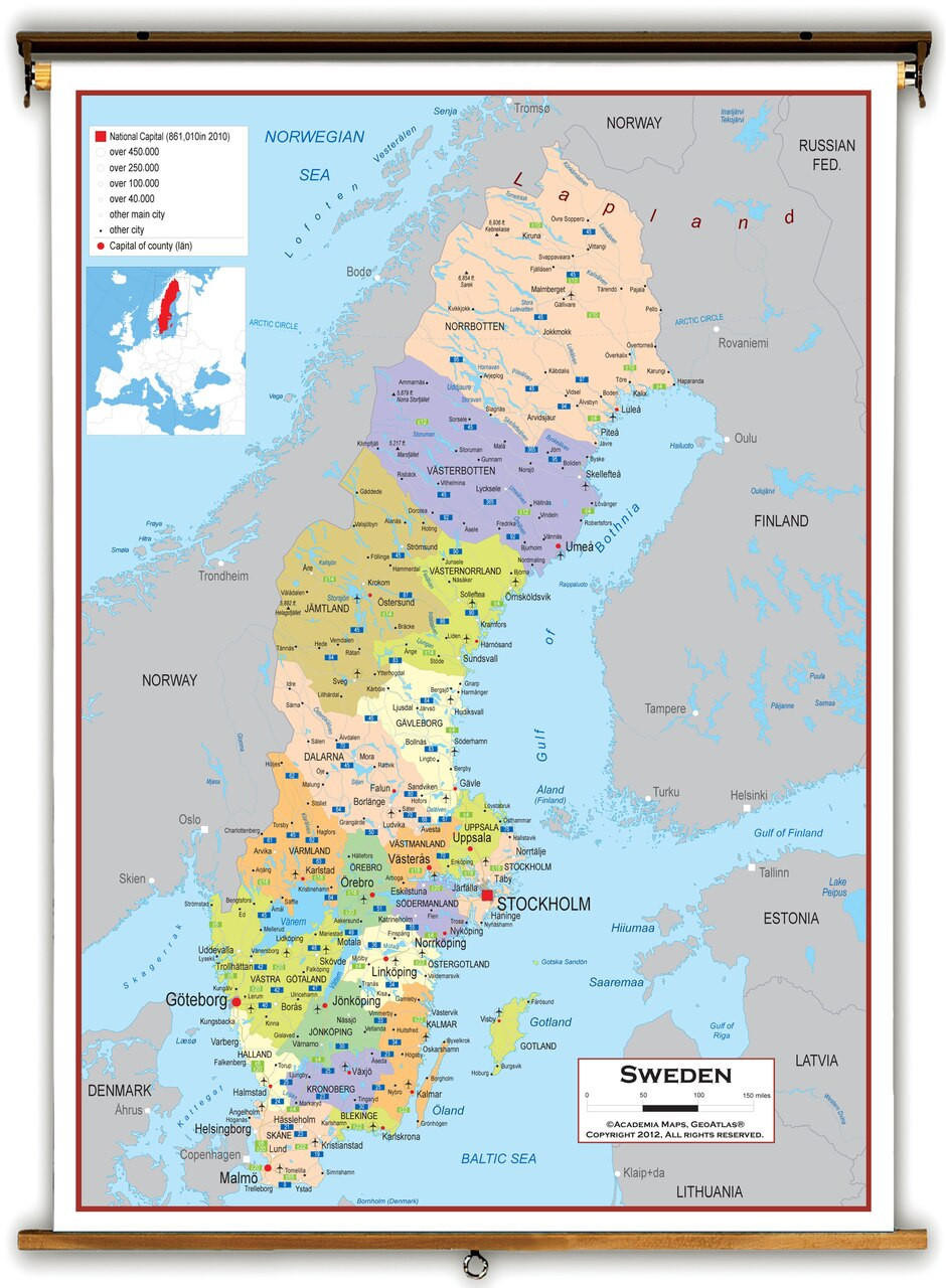 Sweden Political Educational Map from Academia Maps, image 1, World Maps Online