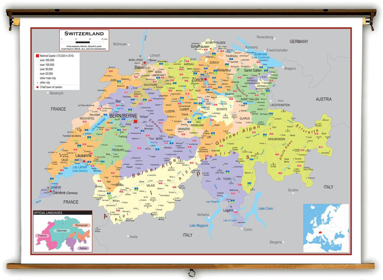 Switzerland Political Educational Map from Academia Maps, image 1, World Maps Online