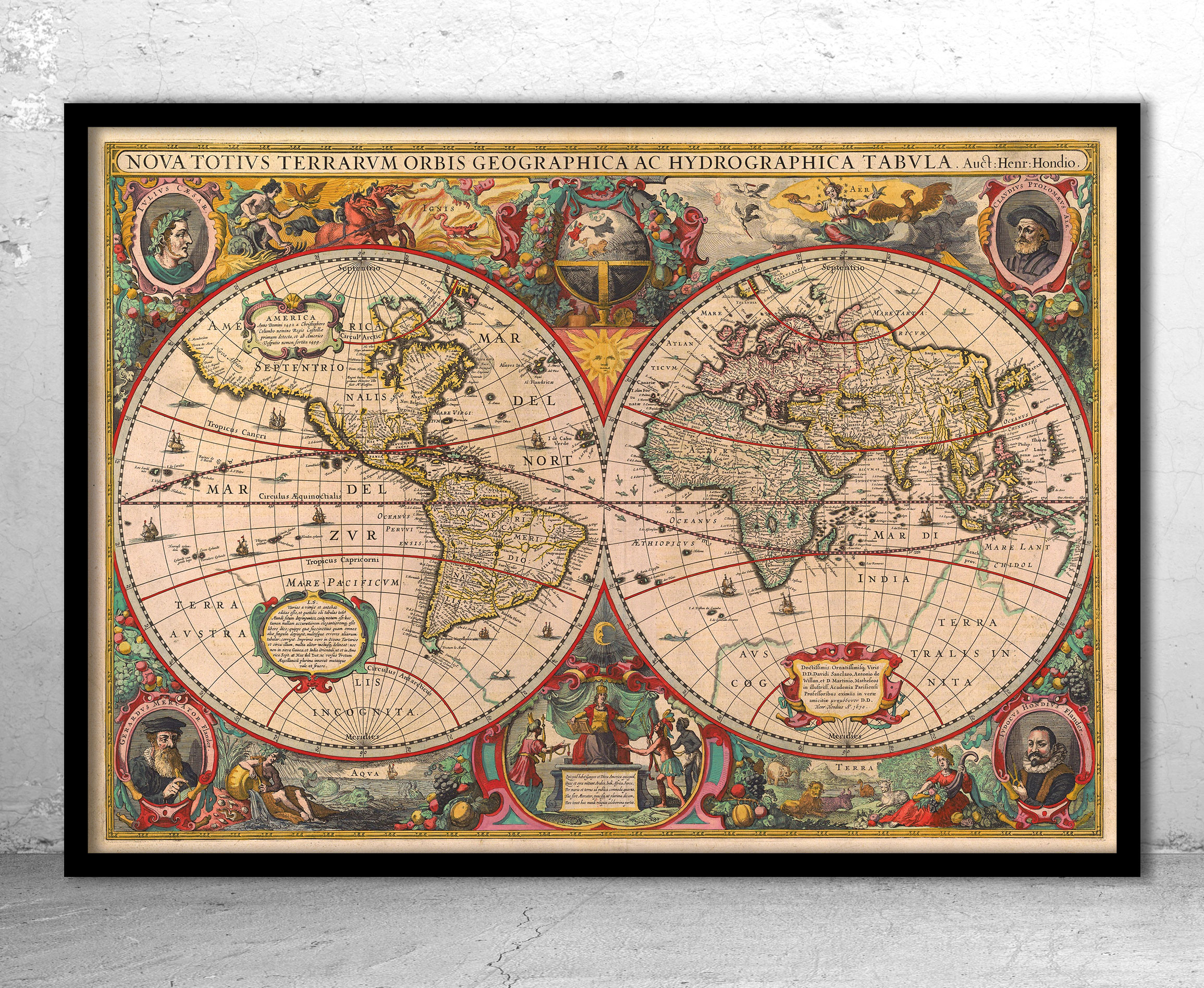 Historical World Map Print - 1630 by Henricus Hondius Framed