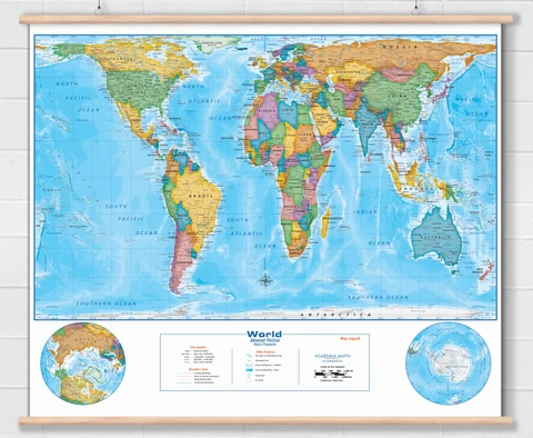 Gall-Orthographic Projection Political World Classroom Wall Map