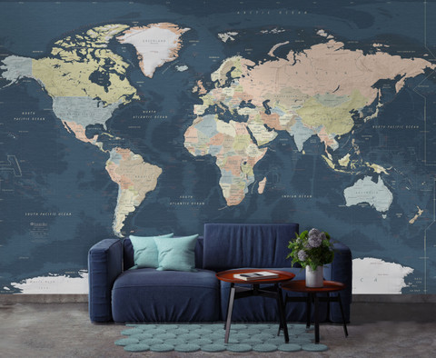 Dark Navy Ocean World Political Map Mural - Large Peel & Stick Removable Wallpaper Map
