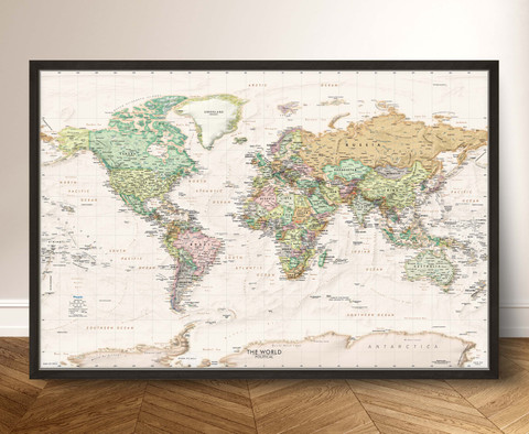 Beige Oceans Antique Style World Political Wall Map Print